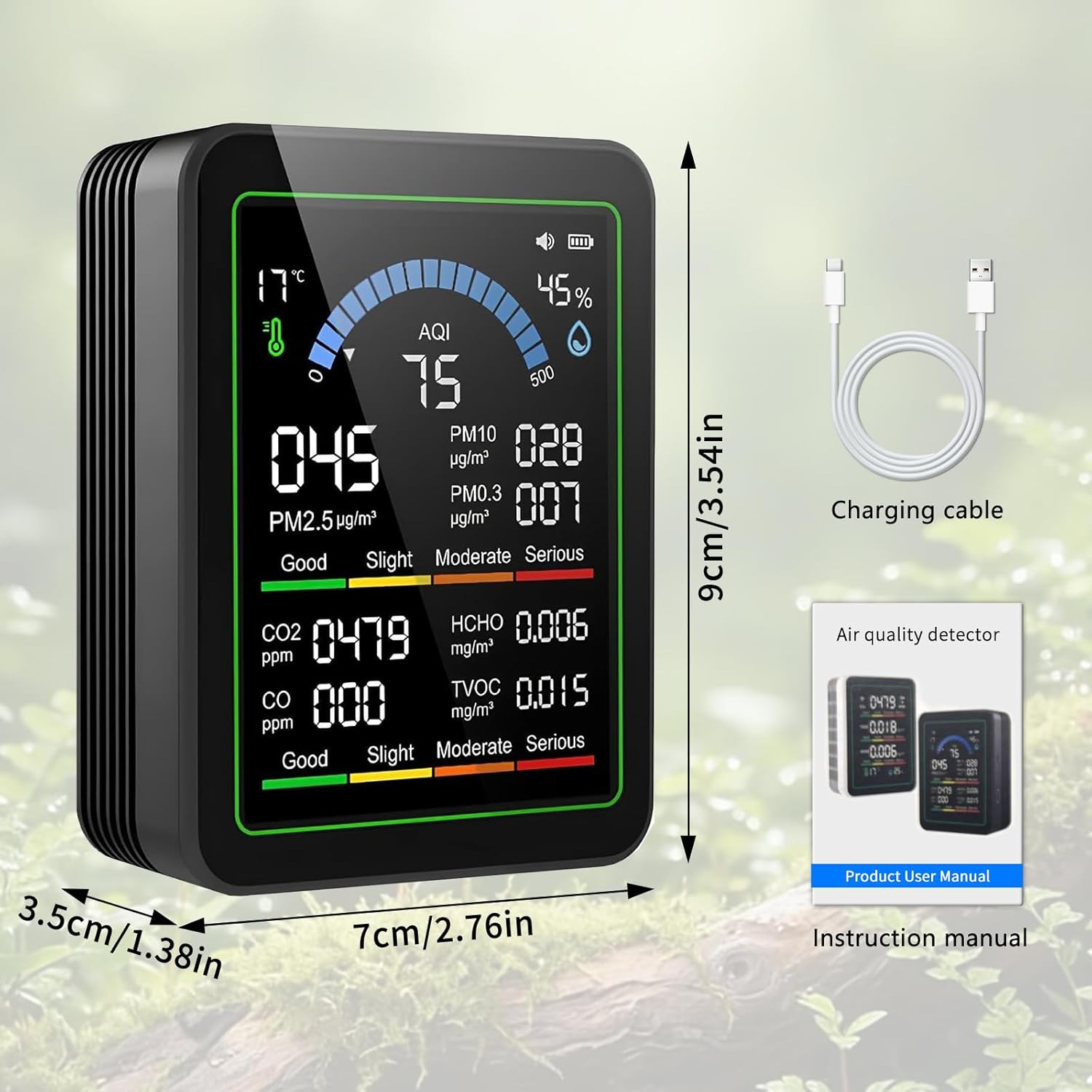 10-in-1-Luftqualitätsmonitor mit Farbdisplay und 4-Farben-Alarm, Messung von CO₂, PM1,0/PM2,5/PM10, HCHO, Temperatur und Luftfeuchtigkeit. Luftüberwachungsgerät mit Typ C für Zuhause, Büro (Schwarz) – Bild 2