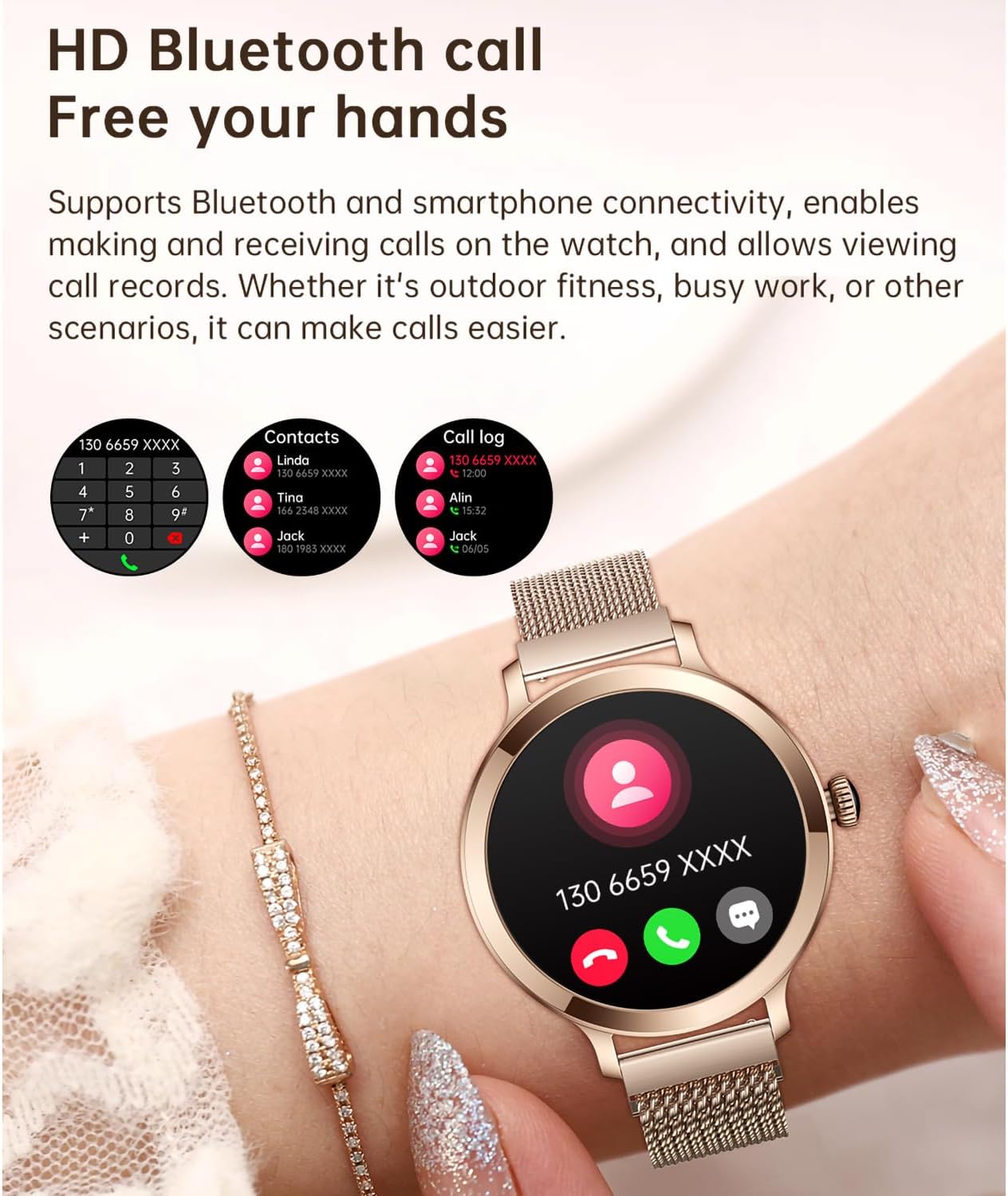 Smartwatch für Damen mit Bluetooth-Anruf, Smartwatch für iPhone und Android-Telefone, Fitness-Tracker-Uhr mit Anruf-/Antwortfunktion, wasserdicht, Herzfrequenz, Blutdruck, Blutsauerstoff (Gold) – Bild 3