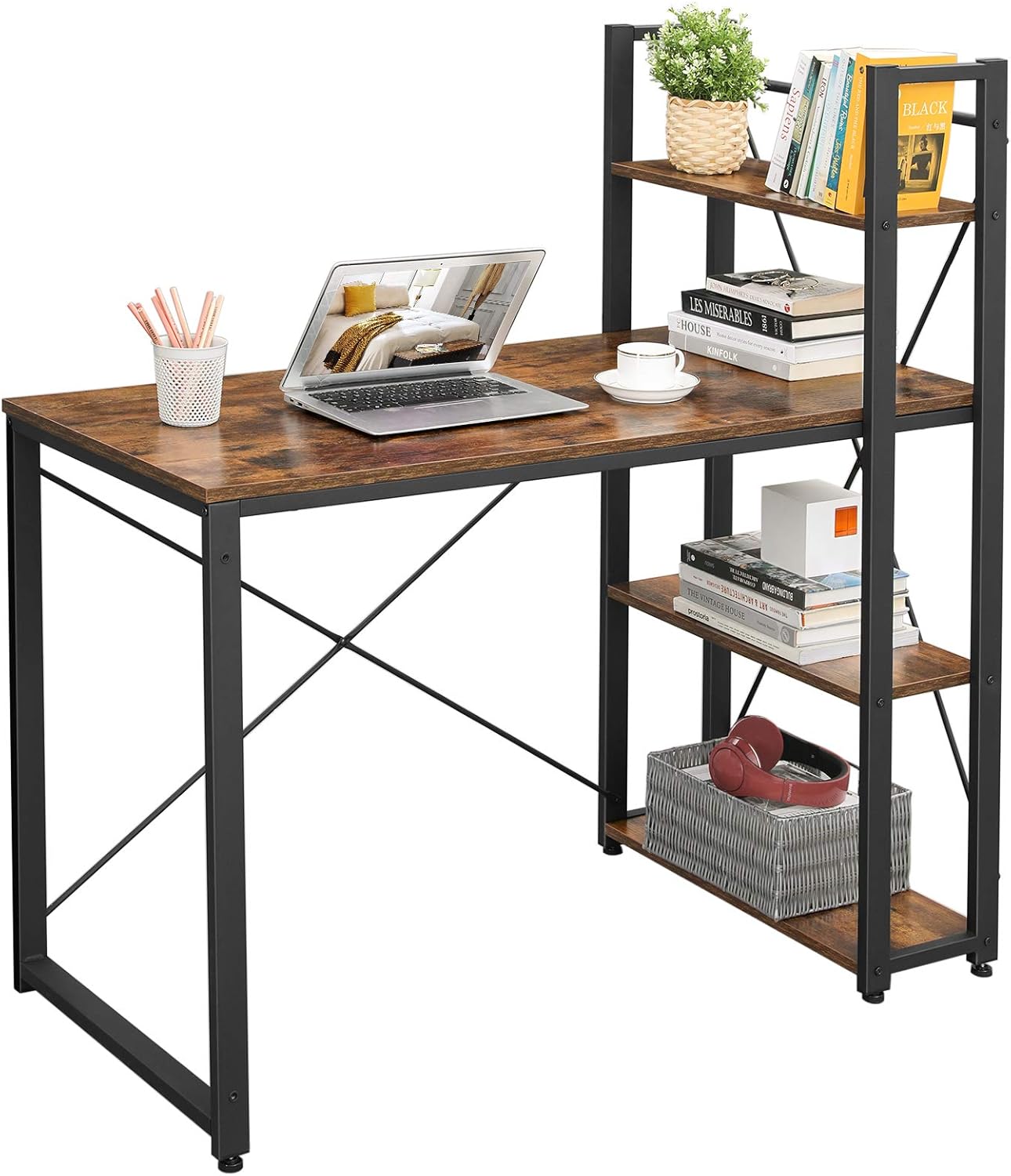 VASAGLE Schreibtisch, 120 cm lang, Computertisch mit Regalen rechts oder links, Bürotisch, Arbeitszimmer, Heimbüro, einfache Montage, stabiles Industriedesign, Vintage-Braun/Schwarz LWD48X – Bild 6