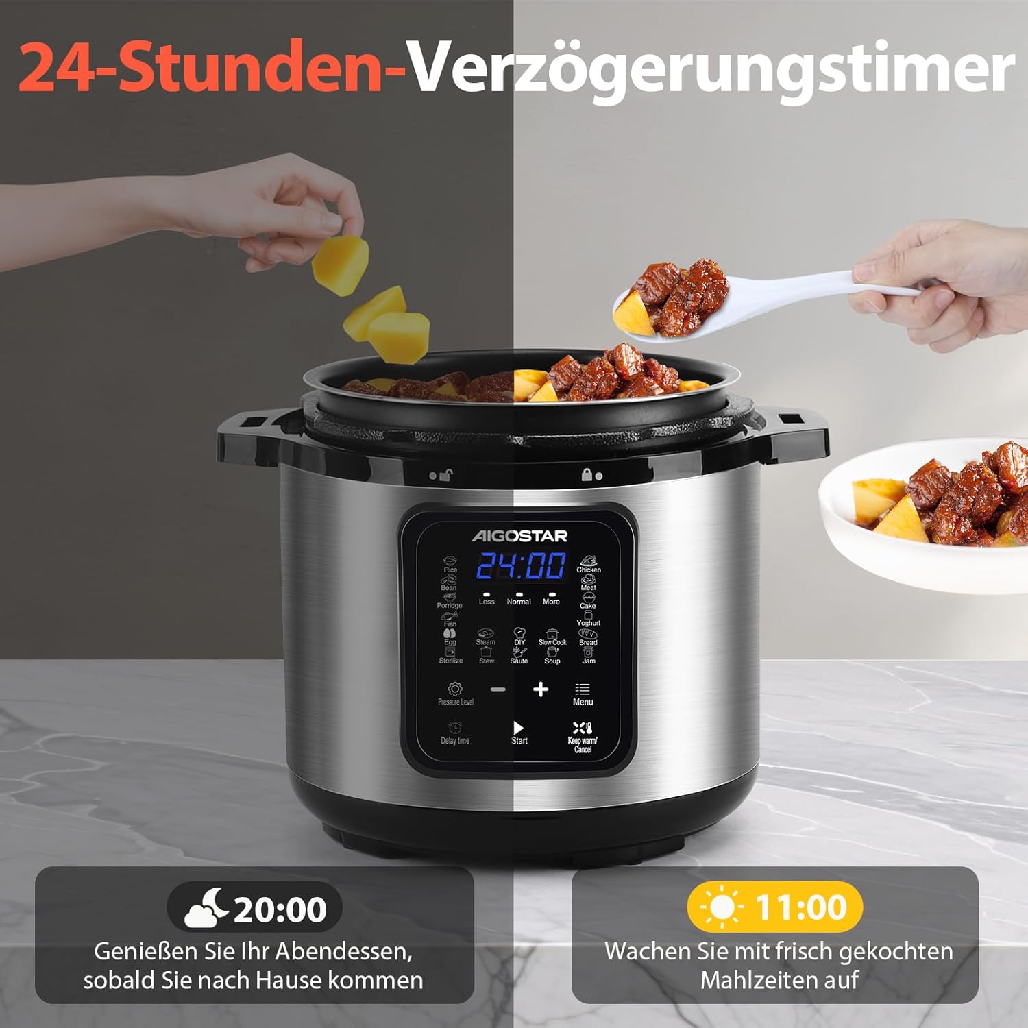 Aigostar Schnellkochtopf, 6 Liter, 18-in-1-Multikocher, antihaftbeschichtet, einfache Reinigung, 1000 W, Schnellkochtopf, Reiskocher, Schongarer, Dampfgarer, Joghurtbereiter, Speisenwärmer mit farbigem Rezeptbuch – Bild 6