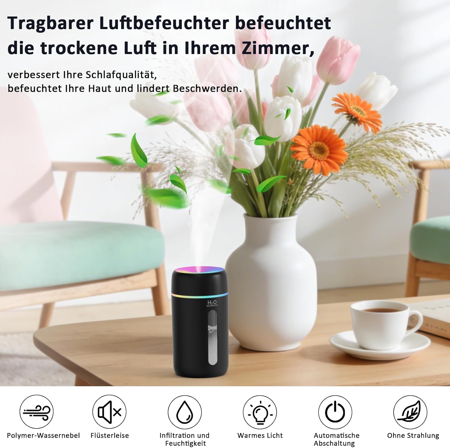 kissleaf 250 ml Mini-Luftbefeuchter für Schlafzimmer, Kinderzimmer, Pflanzen, 7-Farben-Licht, 28 dB leiser Luftbefeuchter (schwarz) – Bild 3