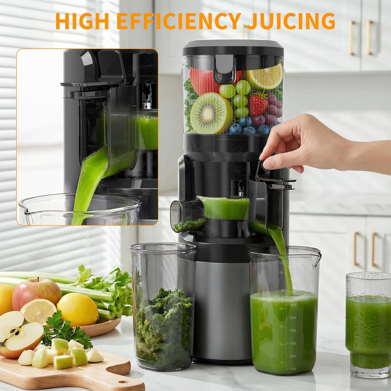 Slow Juicer 400 W mit 152 mm extra großem Einfüllschacht für ganze Früchte und Gemüse, hohe Saftausbeute, 3-in-1-Sieb (Saft, Sorbet und Nussmilch), BPA-frei, spülmaschinenfest, 1,8 l – Bild 8