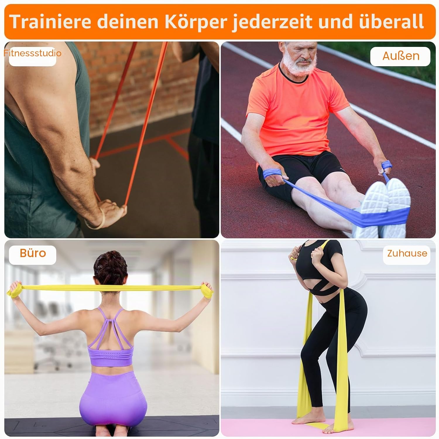 GRIFEMA Fitnessbänder (4er-Set), Übungsband mit 4 Widerstandsstufen, Fitnessband mit Tragetasche & Übungsanleitung, Widerstandsbänder für Yoga, Pilates, Blau, Rot, Gelb, Lila – Bild 6