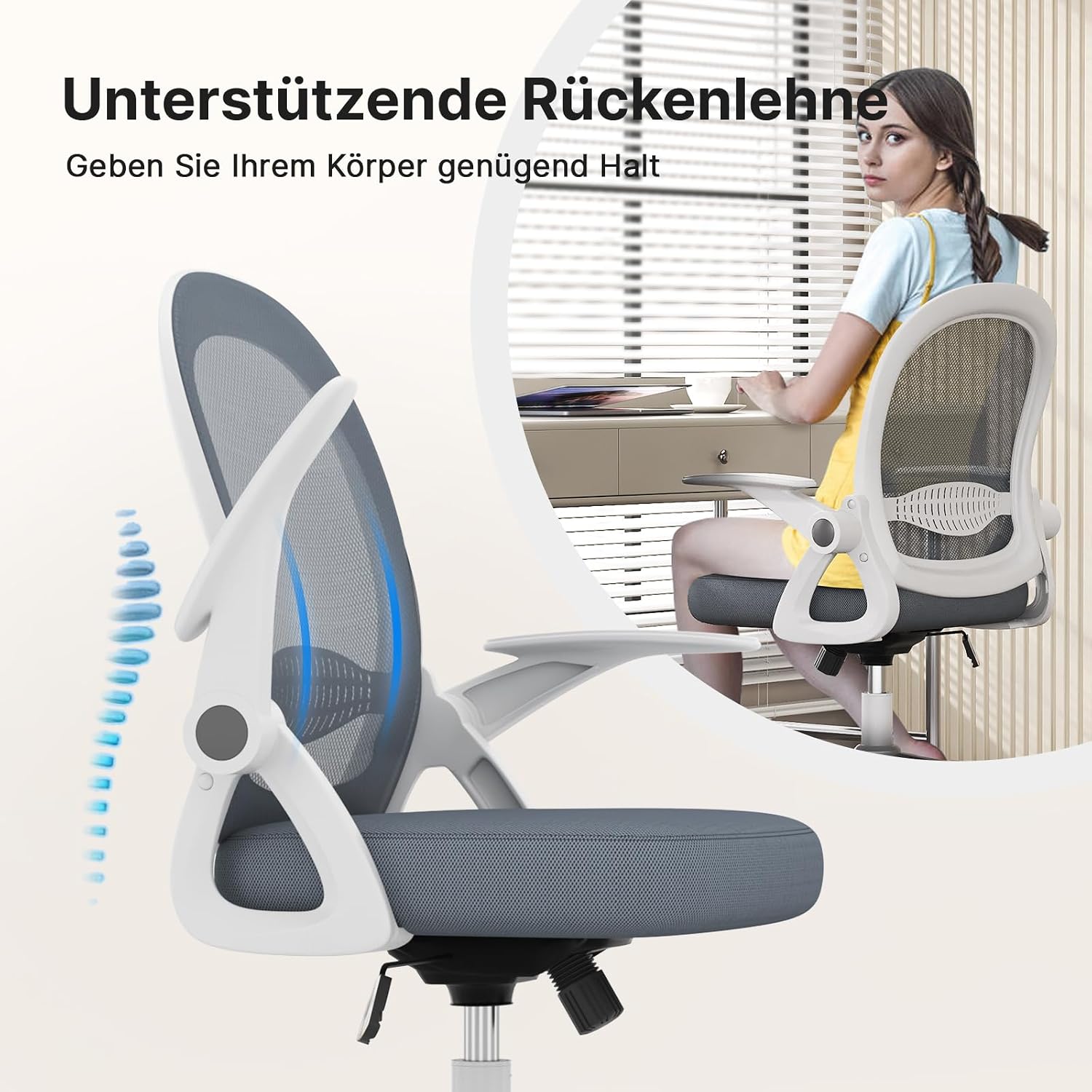 naspaluro Bürostuhl, ergonomischer Schreibtischstuhl mit atmungsaktiver Netzpolsterung, klappbare Armlehnen, höhenverstellbarer Computerstuhl, leichter Stuhl, 360°-Drehstuhl, dunkelblau – Bild 4