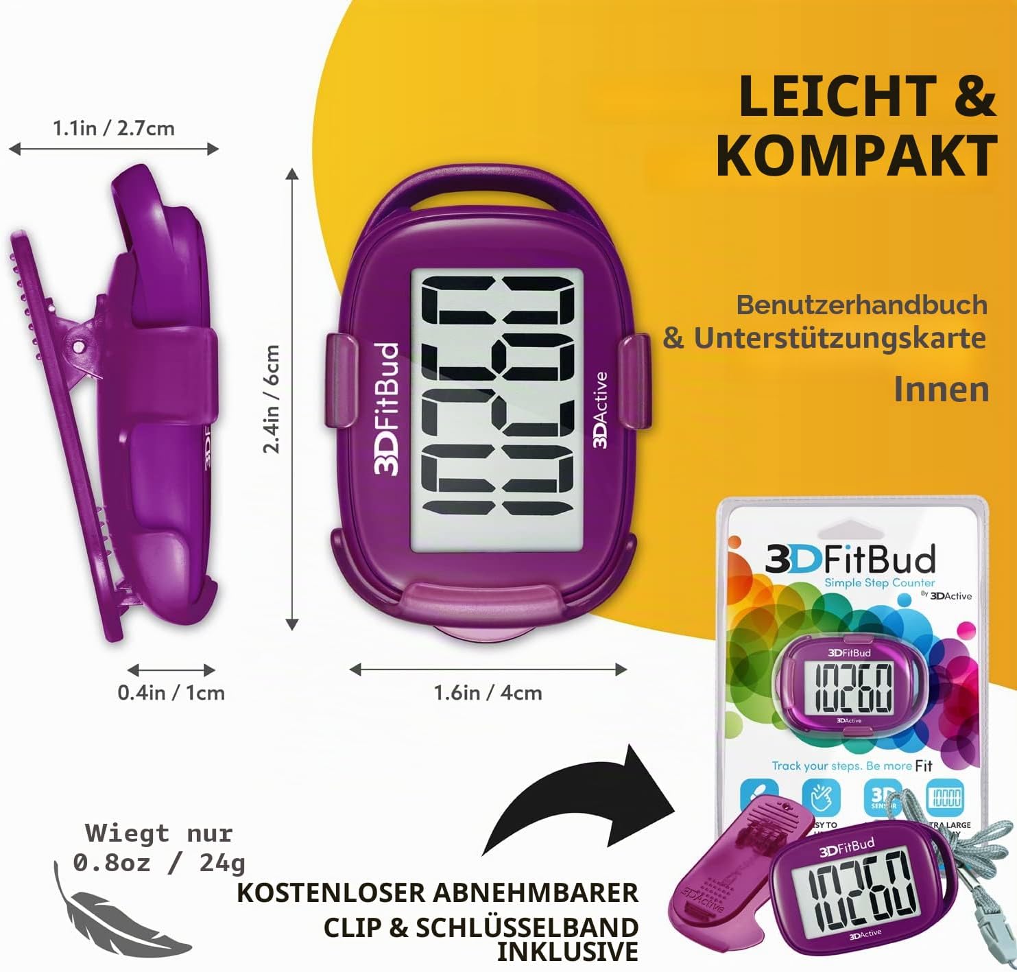 3DActive 3D-FitBud Einfacher Schrittzähler mit Clip und Trageband A420S (Pflaume) – Bild 6