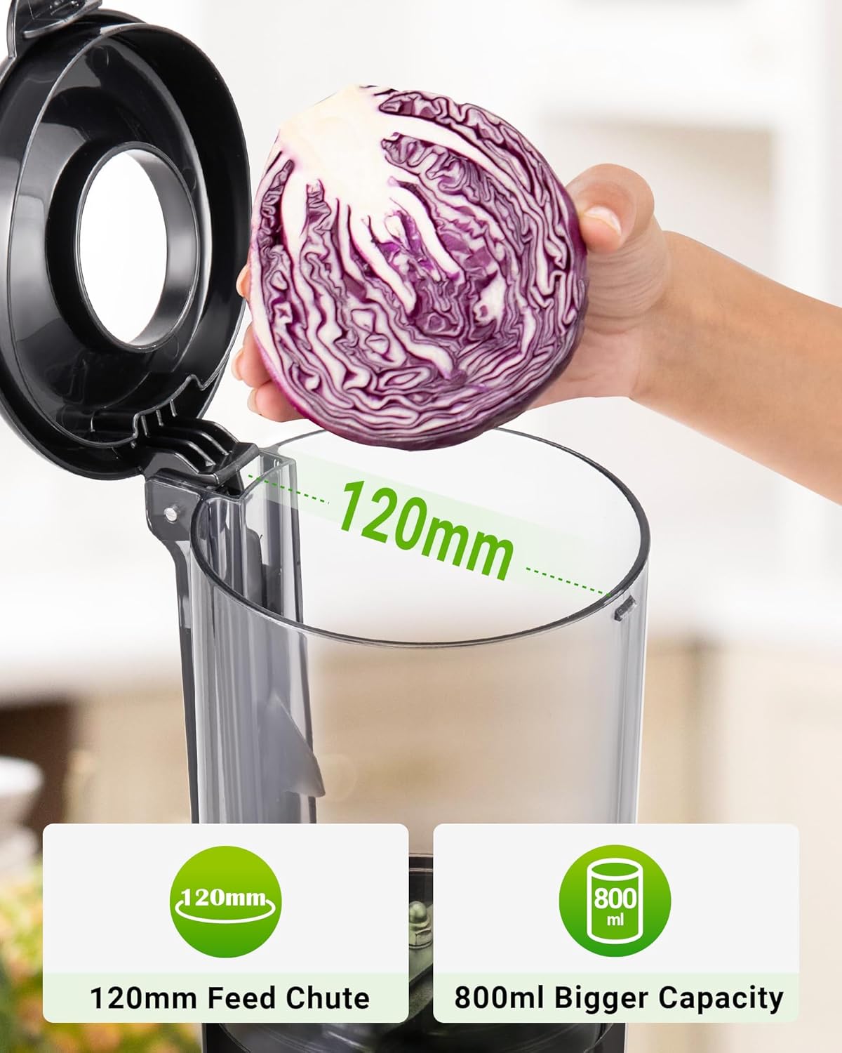 TUUMIIST Slow Juicer mit extra großem Einfüllschacht, Entsafter Gemüse und Obst, Testsieger, anwendbares ganzes Obst und Gemüse, Entsafter BPA-frei, Schwarz glänzend, 120 mm – Bild 3