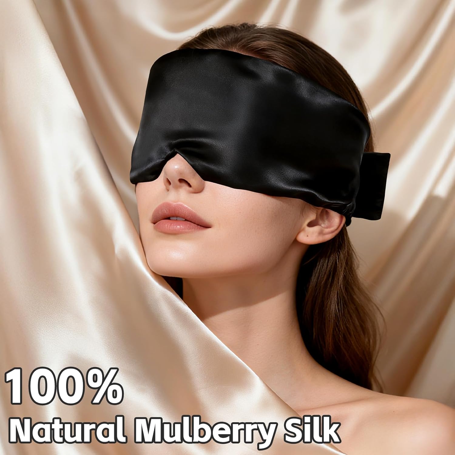 Schlafmaske, Augenmaske, 100 % Maulbeerseide, Schlafmaske aus hautfreundlicher Seide, weich und atmungsaktiv, Schlafmaske, Augenbinde mit verstellbarem Kopfband für Damen und Herren (schwarz) – Bild 2