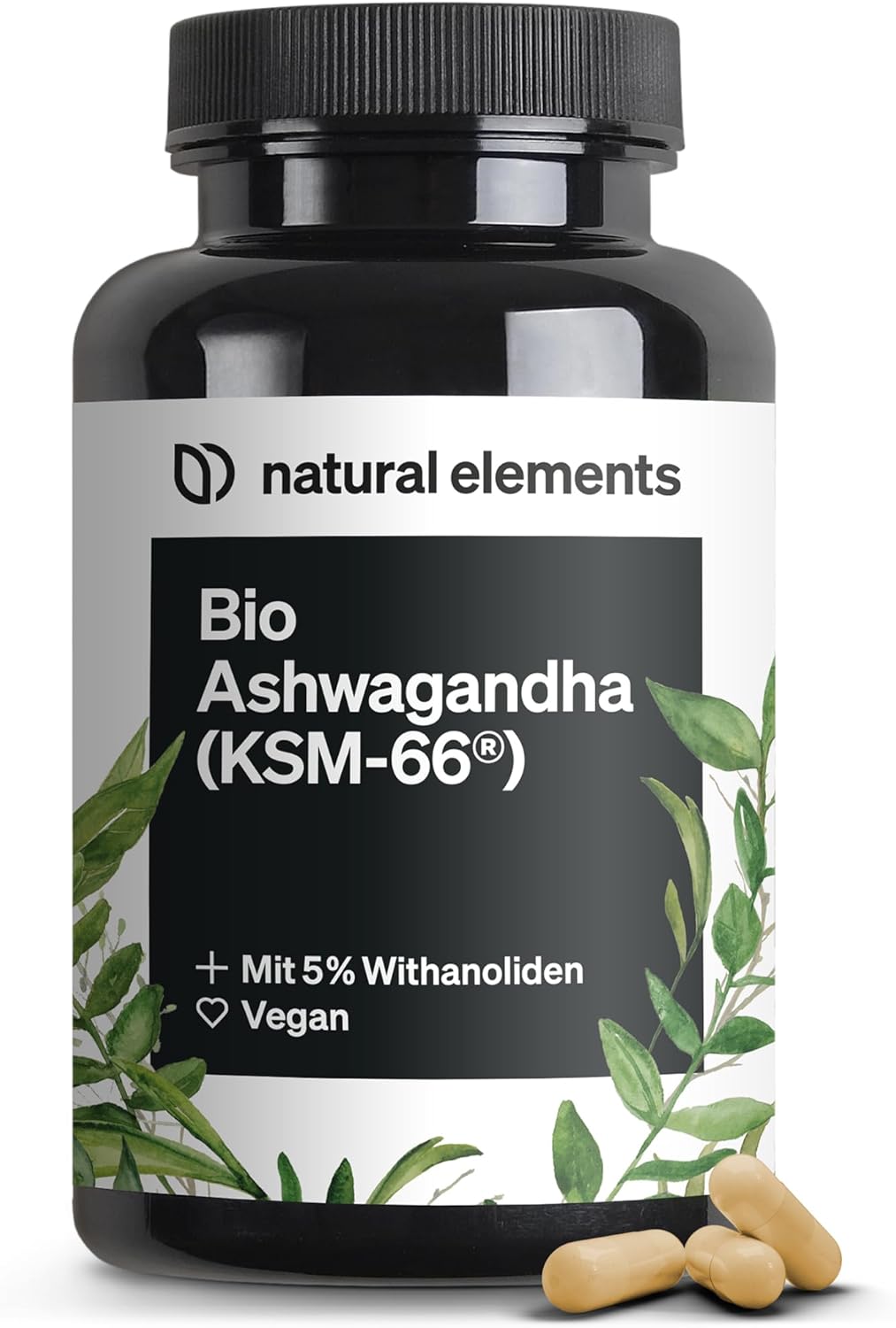 natural elements Bio-Ashwagandha – KSM-66 Premium-Rohstoff (180 Kapseln mit überdurchschnittlicher Reichweite) – 5 % Withanolid-Gehalt – Laborgeprüft, vegan und hochdosiert