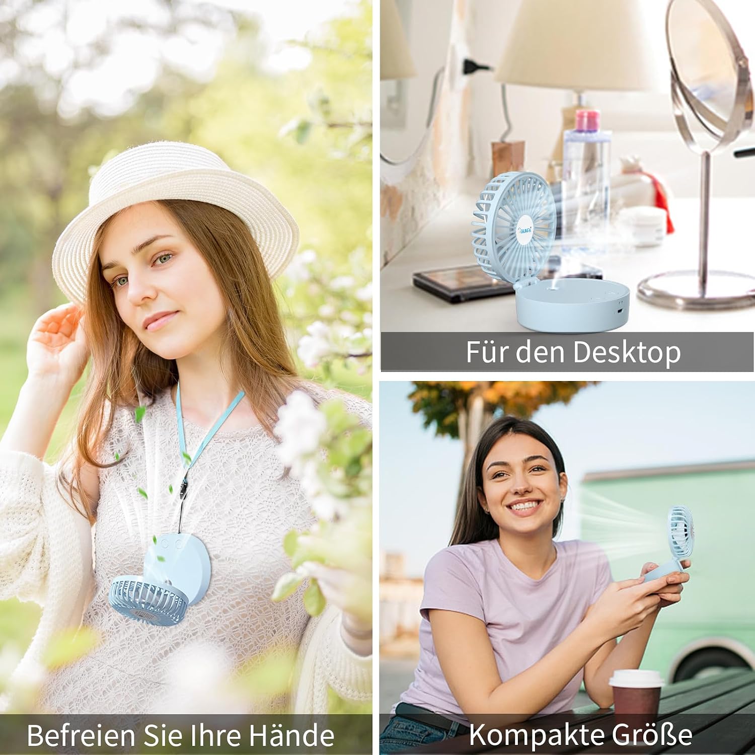 I-SHUNFA Handventilator, tragbarer Mini-Ventilator mit kühlem Nebel und wiederaufladbarem Akku, faltbarer kleiner Taschenventilator, USB-Ventilator, 5 Geschwindigkeiten für Reisen, Büro (blau) – Bild 5