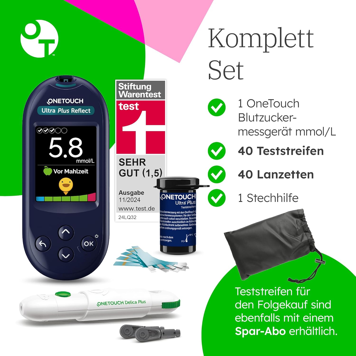 OneTouch Ultra Plus Reflect Blutzuckermessgerät-Set – Starter-Set Diabetes mmol/L – inkl. 40 Teststreifen & 40 Lanzetten – Präzise Messung, einfache Handhabung – Stiftung Warentest SEHR GUT (1,5) – Bild 8