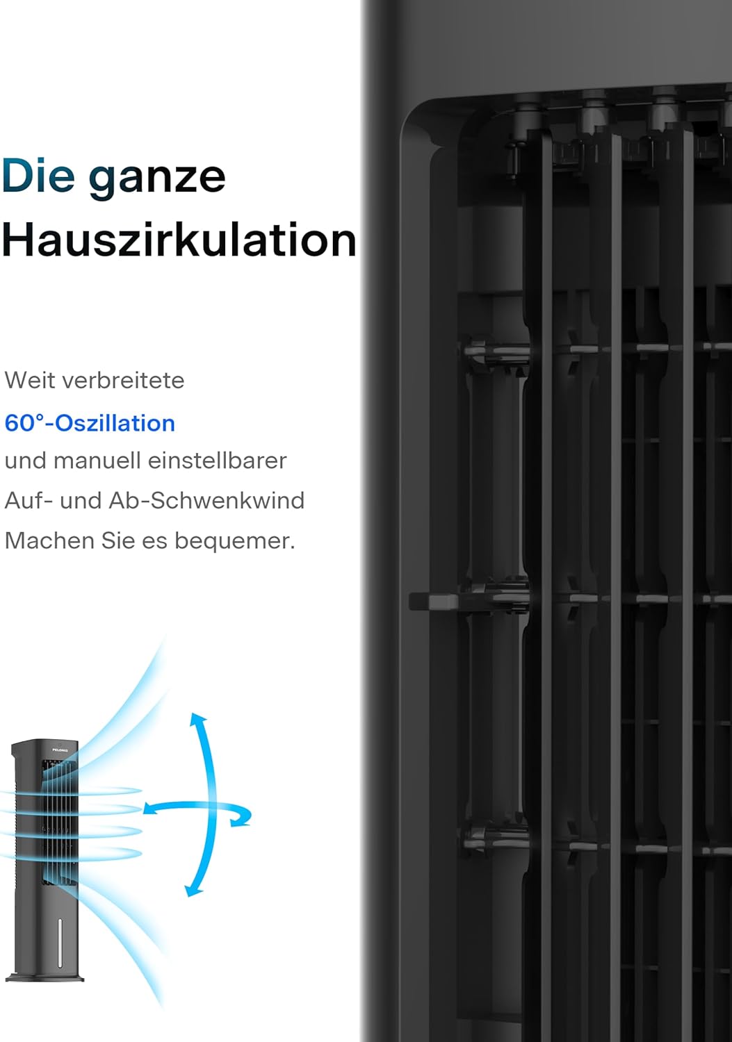 PELONIS 5L Verdunstungskühler mit Fernbedienung, tragbarer 3-in-1-Luftkühler, Ventilator, Luftbefeuchter und automatischer Oszillation, 3-Stufen-Timer 7H, 2 Kühlpads für Zuhause und Büro – Bild 5