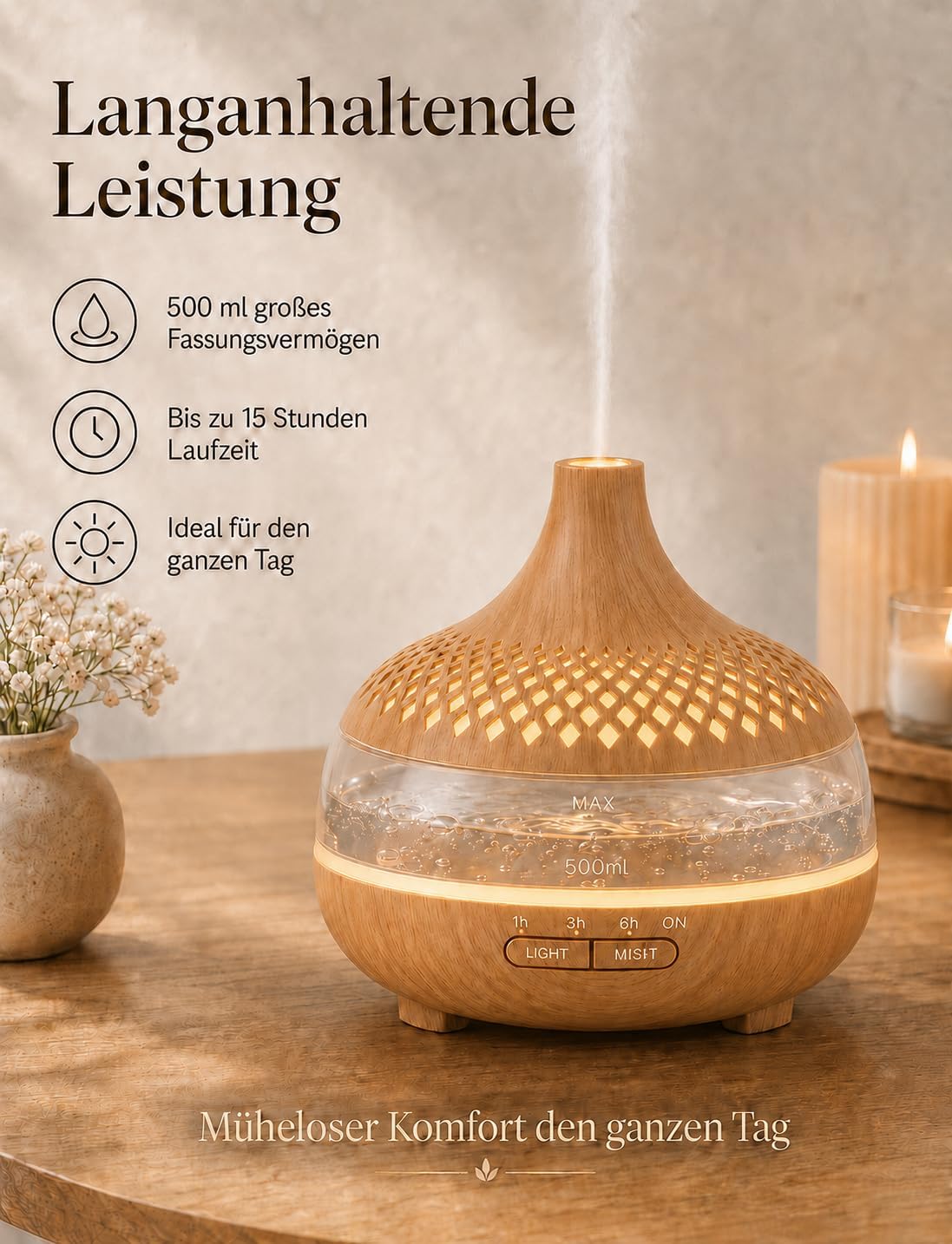 500 ml Aromadiffusor für ätherische Öle, Aromatherapie-Diffusor mit 8 Ölen, Fernbedienung, 4 Timer, 14 Farben und 2 Sprühmodi (Goldgelb) – Bild 5