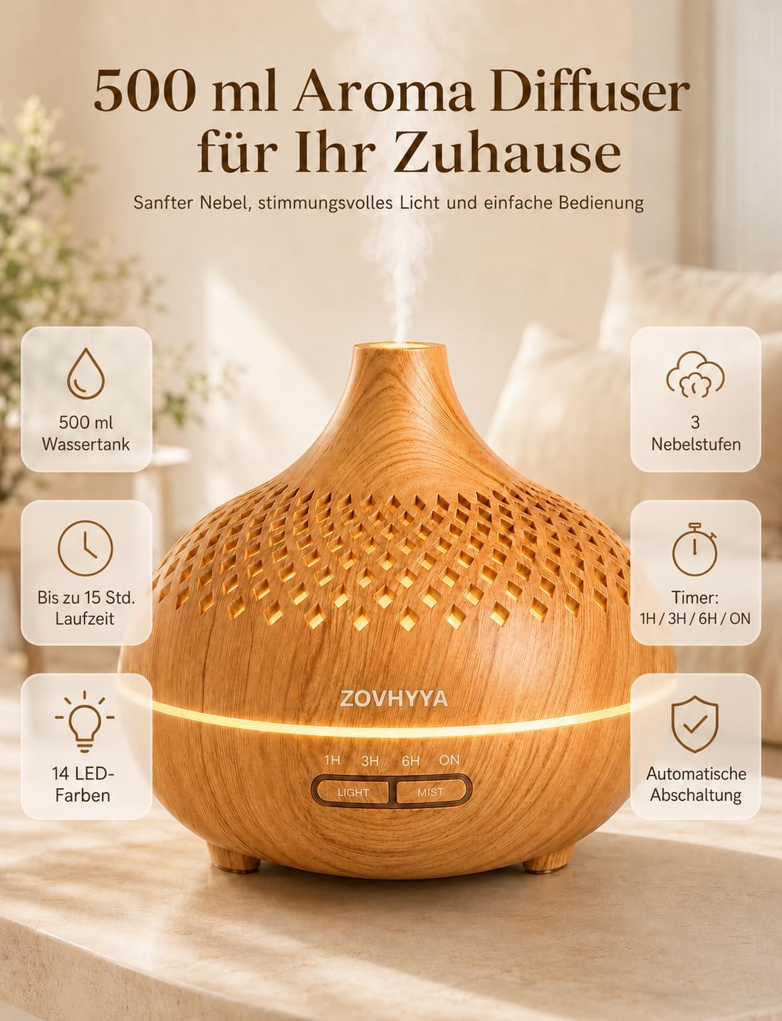 500 ml Aromadiffusor für ätherische Öle, Aromatherapie-Diffusor mit 8 Ölen, Fernbedienung, 4 Timer, 14 Farben und 2 Sprühmodi (Goldgelb) – Bild 2