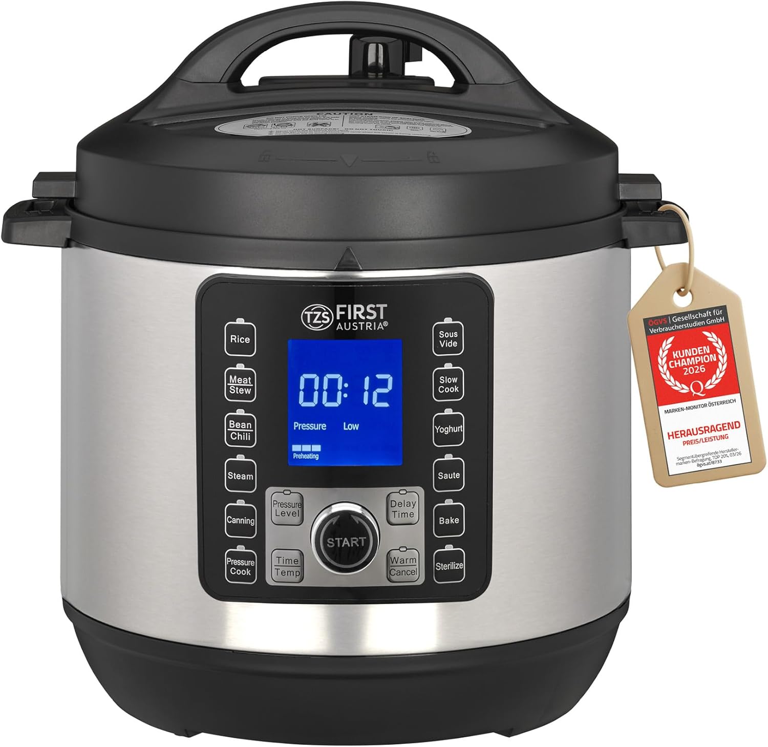 TZS First Austria – Elektrischer Schnellkochtopf 6L – 12 automatische Programme – Multikocher 1000 W Multikocher als Reiskocher, Dampfgarer, Crock Pot usw. – Elektrischer Multivarka-Schnellkochtopf