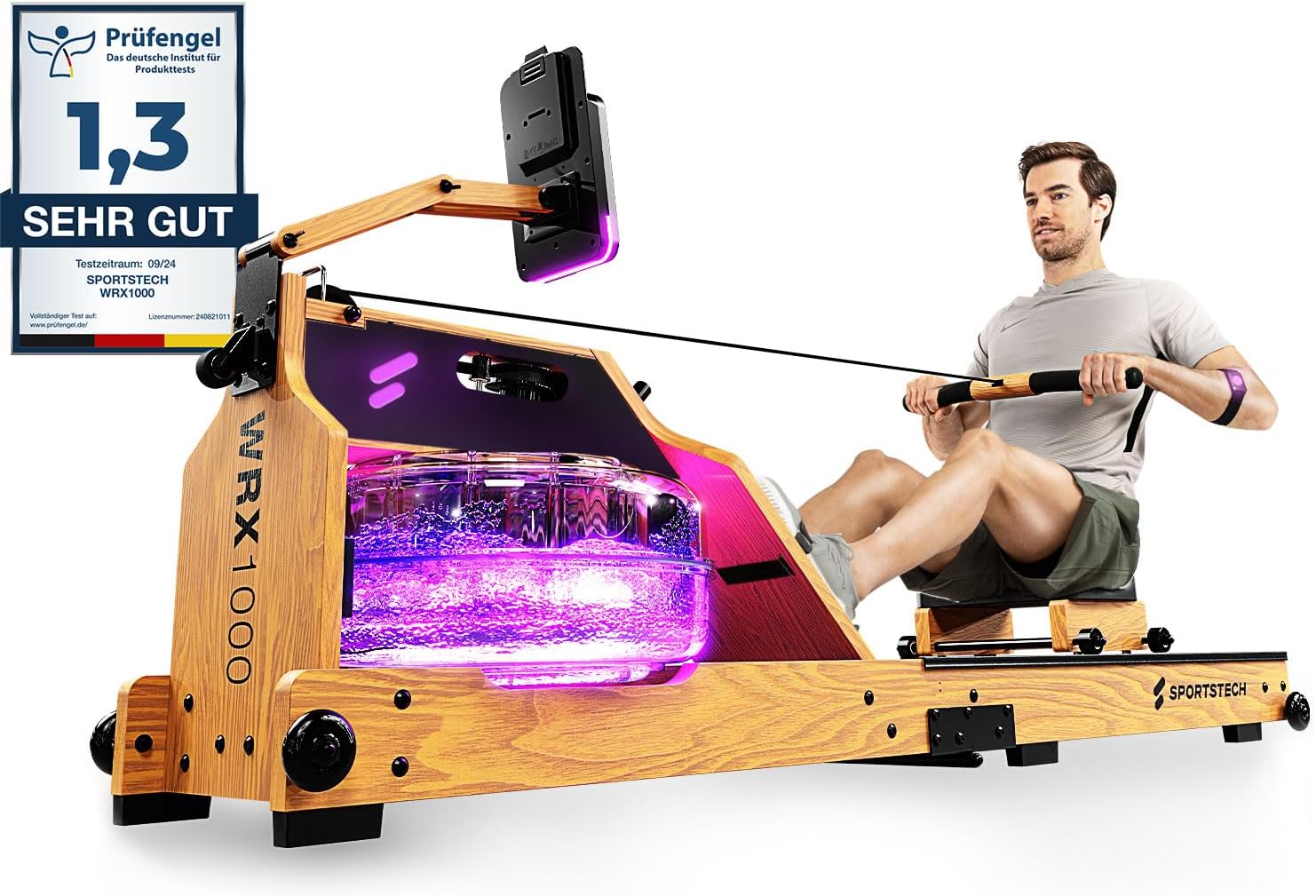 Sportstech Premium Rudergerät Wasser für Zuhause, Rudermaschine mit LED-Wassertank, Water Rower klappbar, Deutsches Qualitätsunternehmen, App mit Workout Kursen+ Tablethalterung, Massivholz, WRX1000