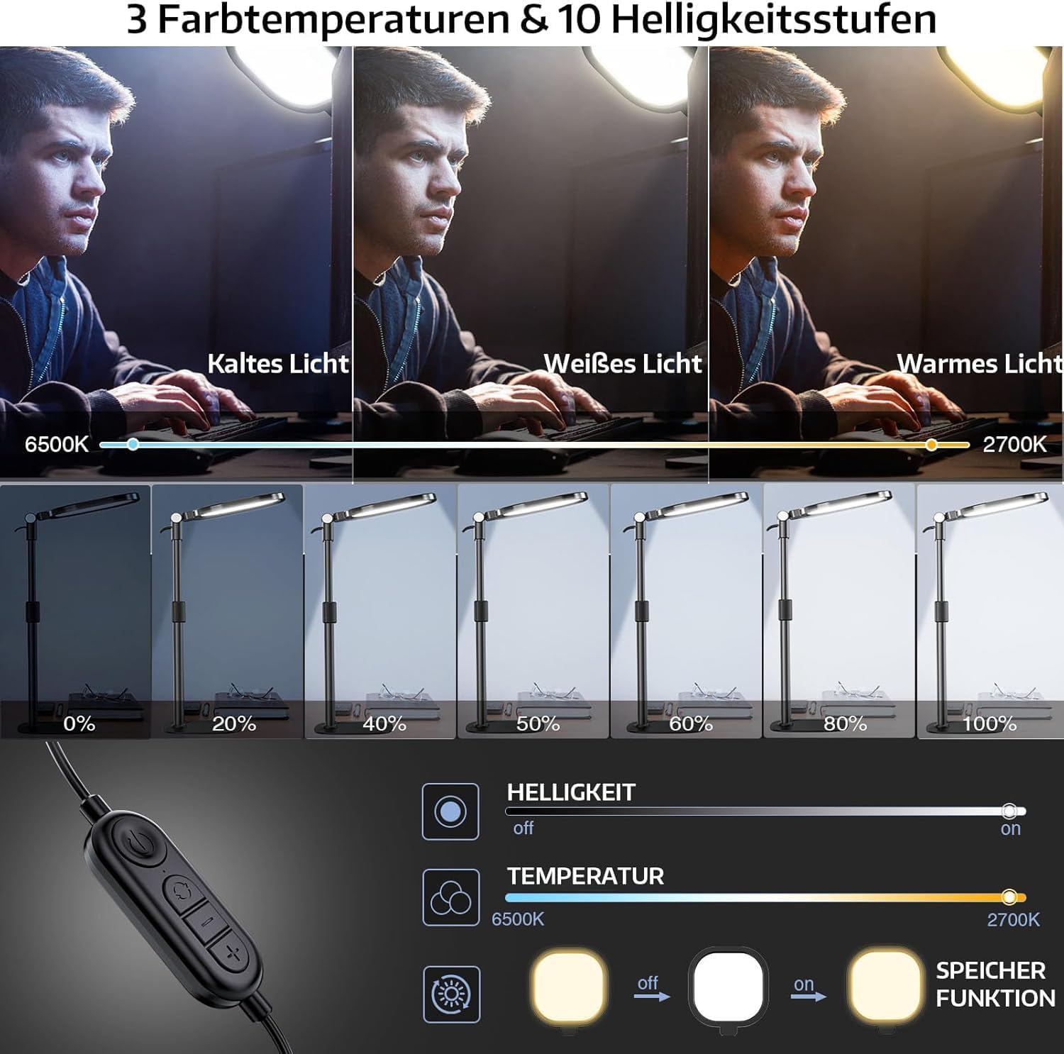 LitONES Schreibtischlampe LED für Videokonferenz, dimmbare Tischringleuchte mit Stativ-Handy – 3 Lichtfarben + 10 Helligkeiten, CRI 97,8 Augenschutz Bürolampe für Home Office (Energieklasse A) – Bild 4