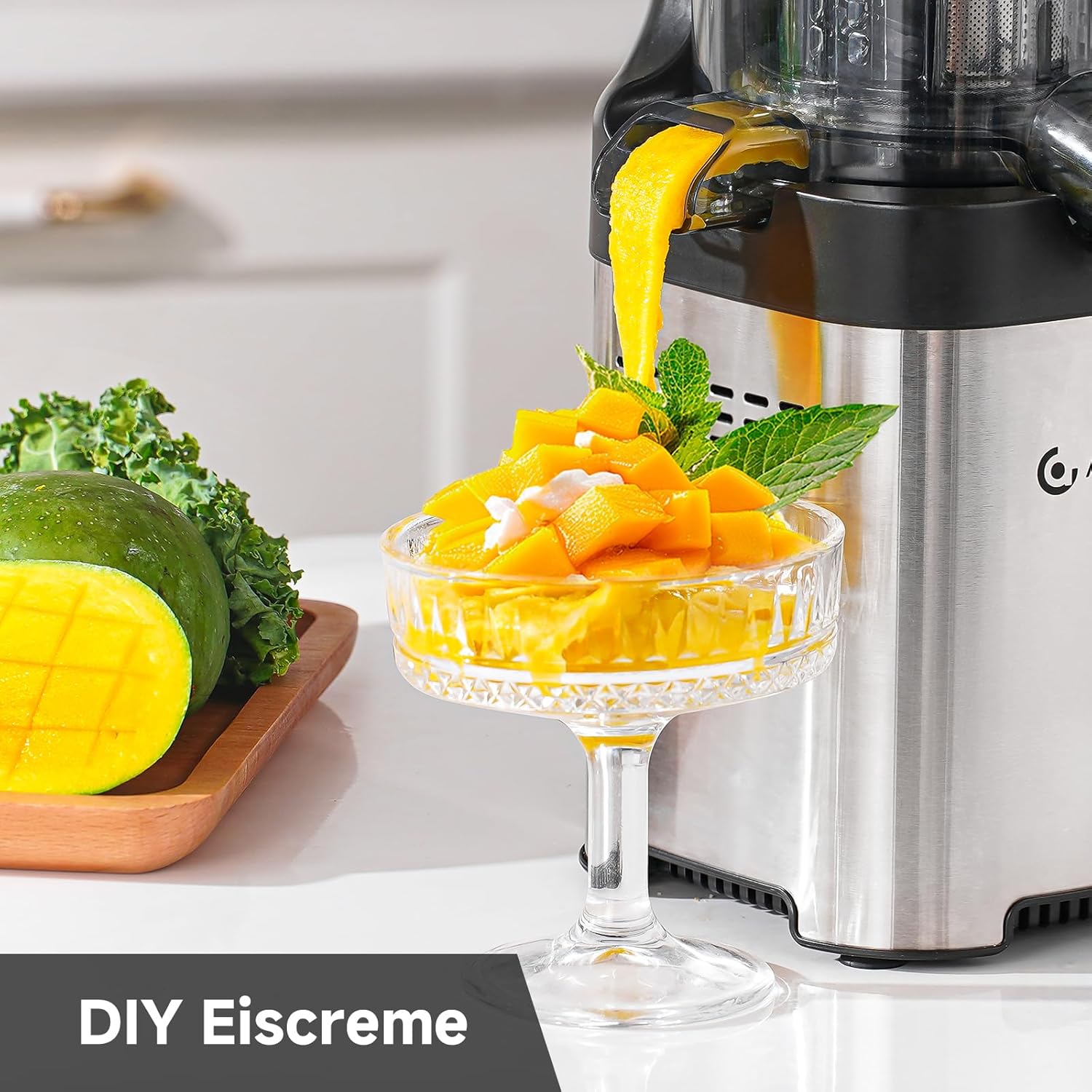 AMZCHEF Entsafter – Slow Juicer mit 120 mm Breite und größerem Einfüllschacht für ganzes Gemüse und Obst – leicht zu reinigender Entsafter mit 2 Gläsern – Silber – Bild 6