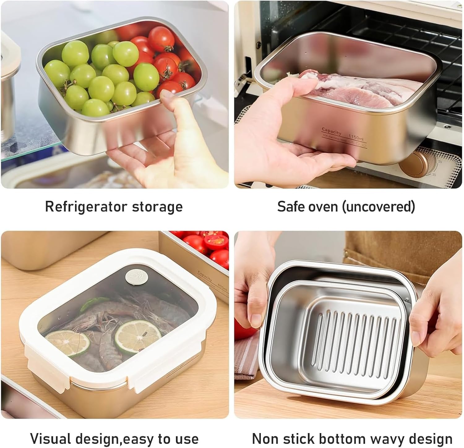 PORFOYO Meal Prep Boxen, Edelstahl, 3er-Set, stapelbare Frischhaltedosen mit Deckel, auslaufsichere Lunchbox, Edelstahl, wiederverwendbare Behälter mit Deckel, Edelstahl-Lunchbox, 800 ml – Bild 6