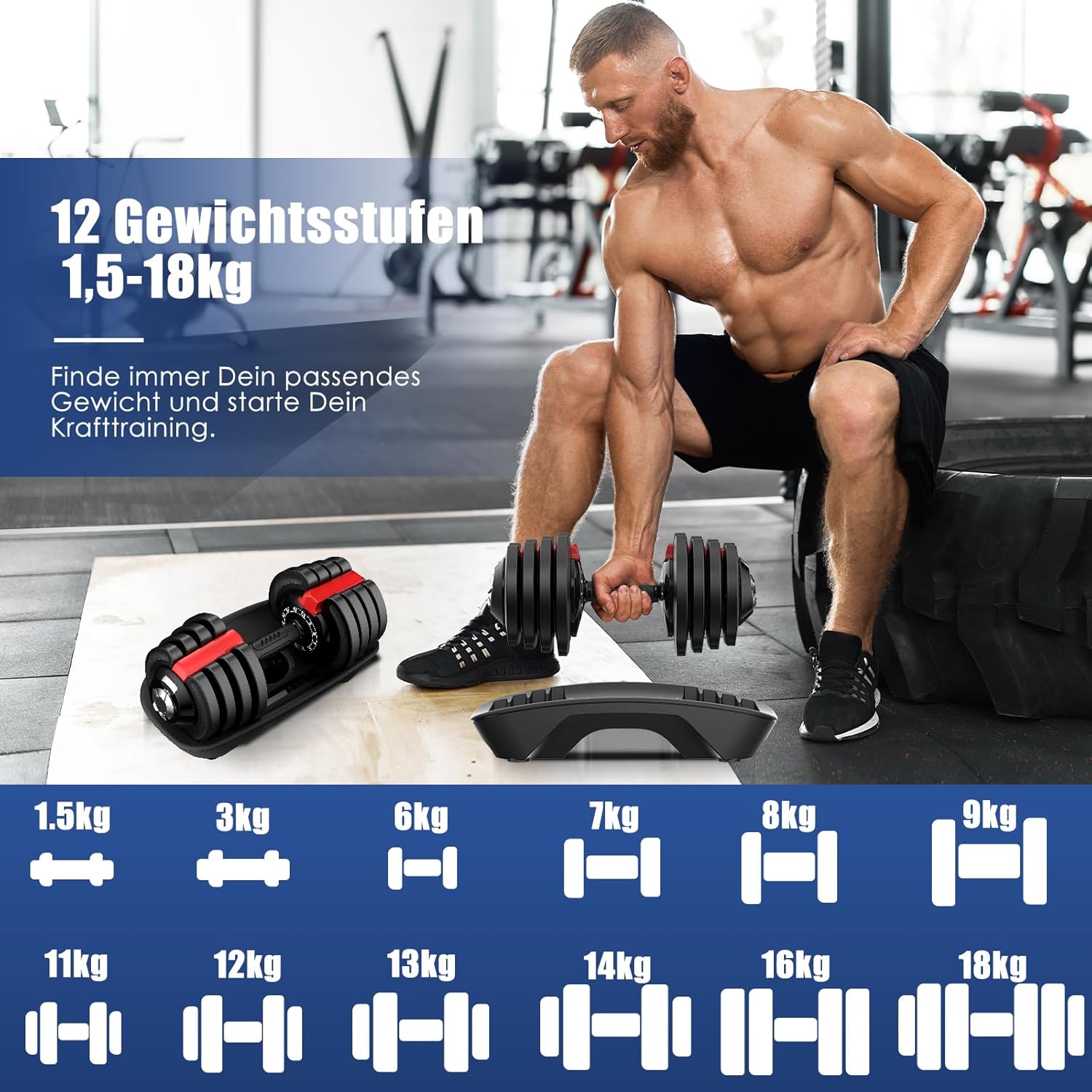 DH FitLife Verstellbare Kurzhantel 18/24 kg, 12 Gewichtsstufen, 12 in 1 Hantel, Einzelhantel oder Hantelset, verstellbare Hantel für Krafttraining zu Hause – Bild 2