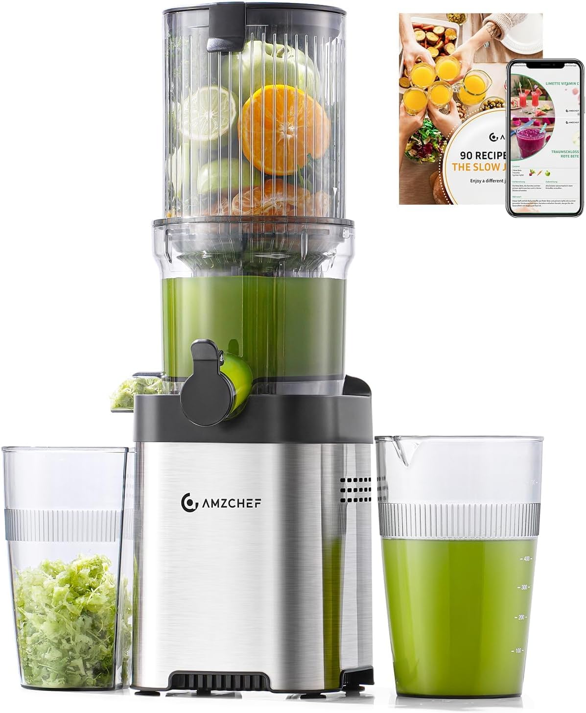 AMZCHEF Entsafter – Slow Juicer mit 120 mm Breite und größerem Einfüllschacht für ganzes Gemüse und Obst – leicht zu reinigender Entsafter mit 2 Gläsern – Silber