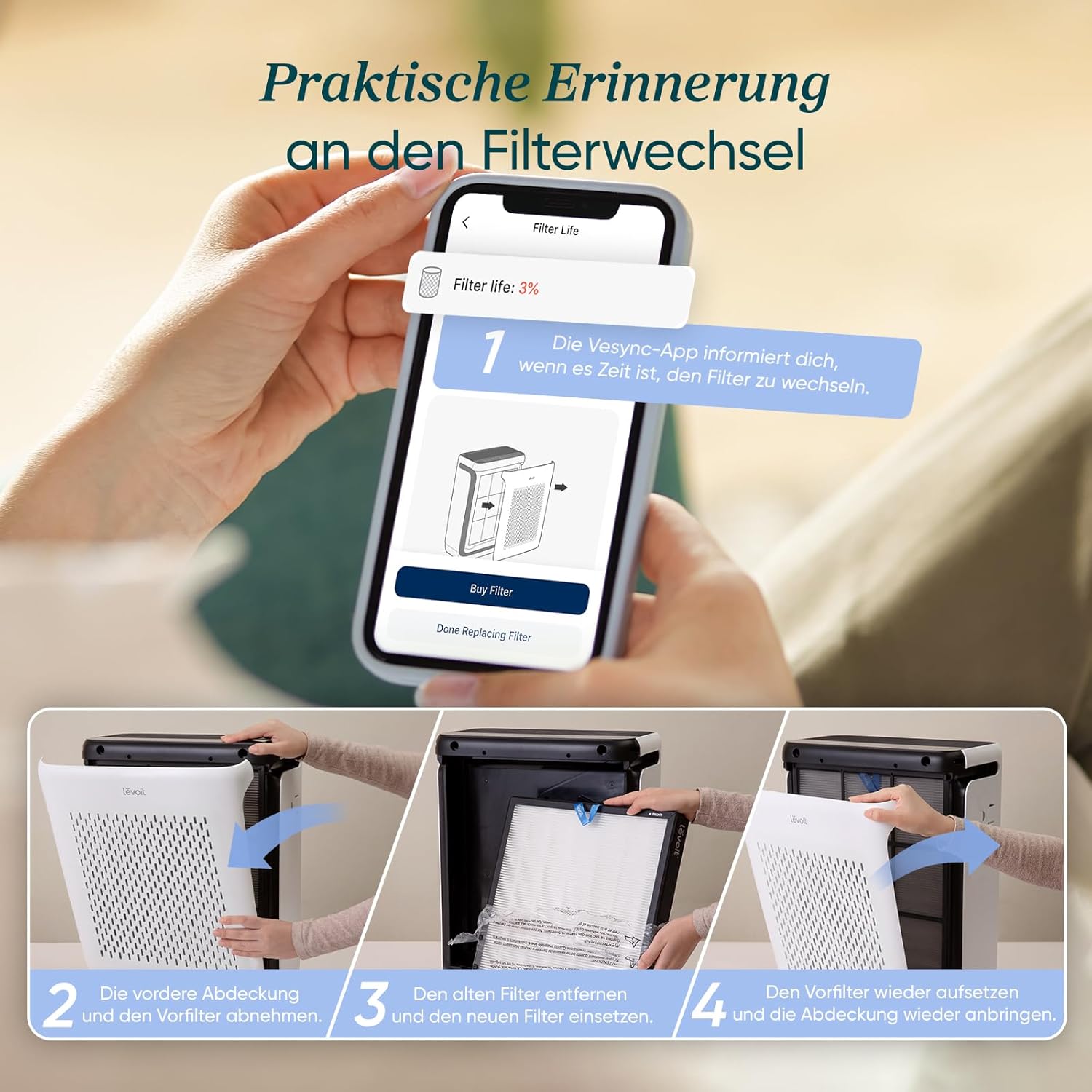 Levoit Vital 100S HEPA-Luftreiniger für Allergiker, CADR 243 m³/h, HEPA- und Aktivkohlefilter, leise, PM2.5-Sensor, App und Alexa, gegen Staub, Pollen, Rauch und Gerüche, bis zu 52 m², Mondweiß – Bild 9