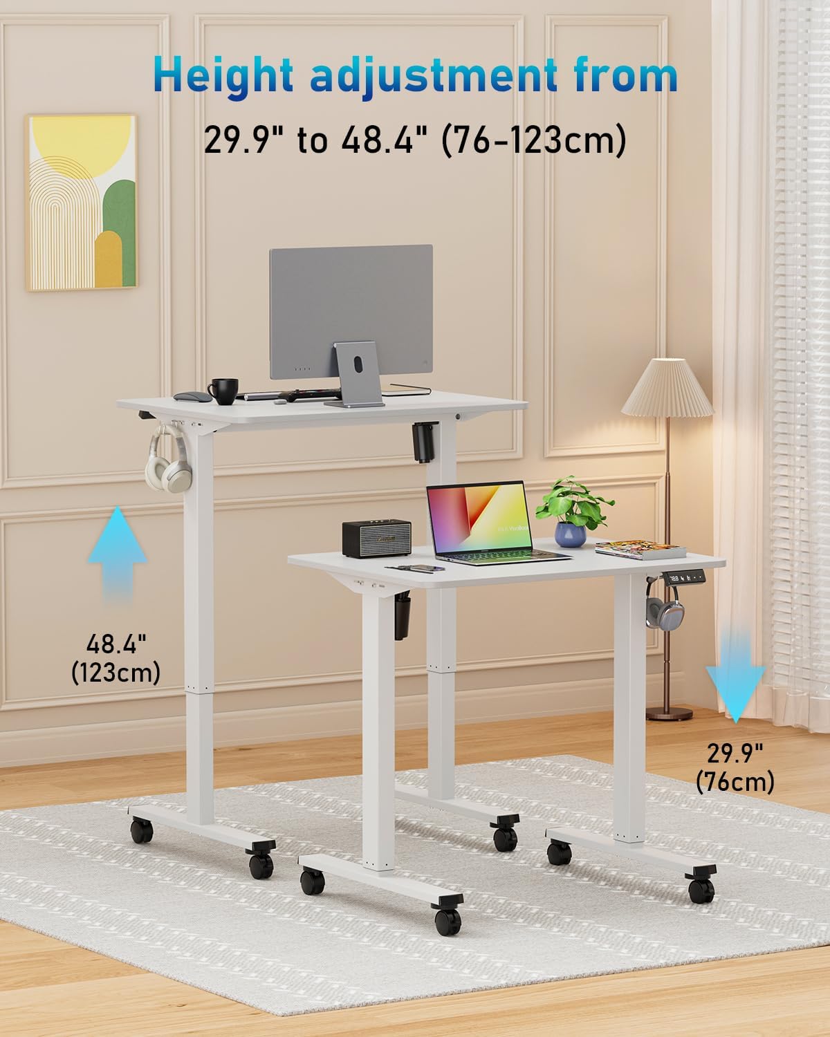 Höhenverstellbarer Schreibtisch 80 x 60 cm, hochwertige Tischplatte, elektrischer Schreibtisch, höhenverstellbar, Computertisch mit Memory-Funktion, weiß – Bild 3