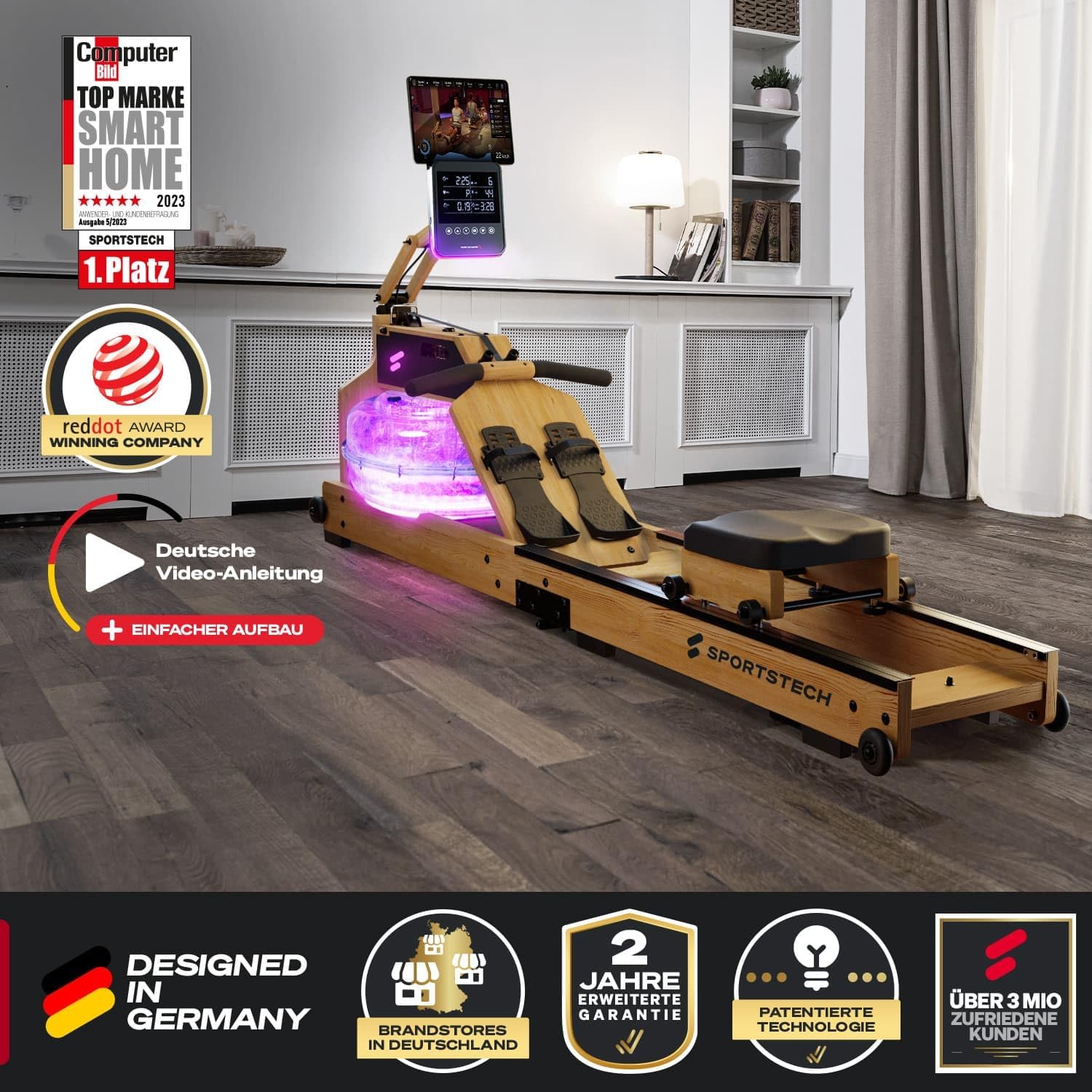 Sportstech Premium Rudergerät Wasser für Zuhause, Rudermaschine mit LED-Wassertank, Water Rower klappbar, Deutsches Qualitätsunternehmen, App mit Workout Kursen+ Tablethalterung, Massivholz, WRX1000 – Bild 4