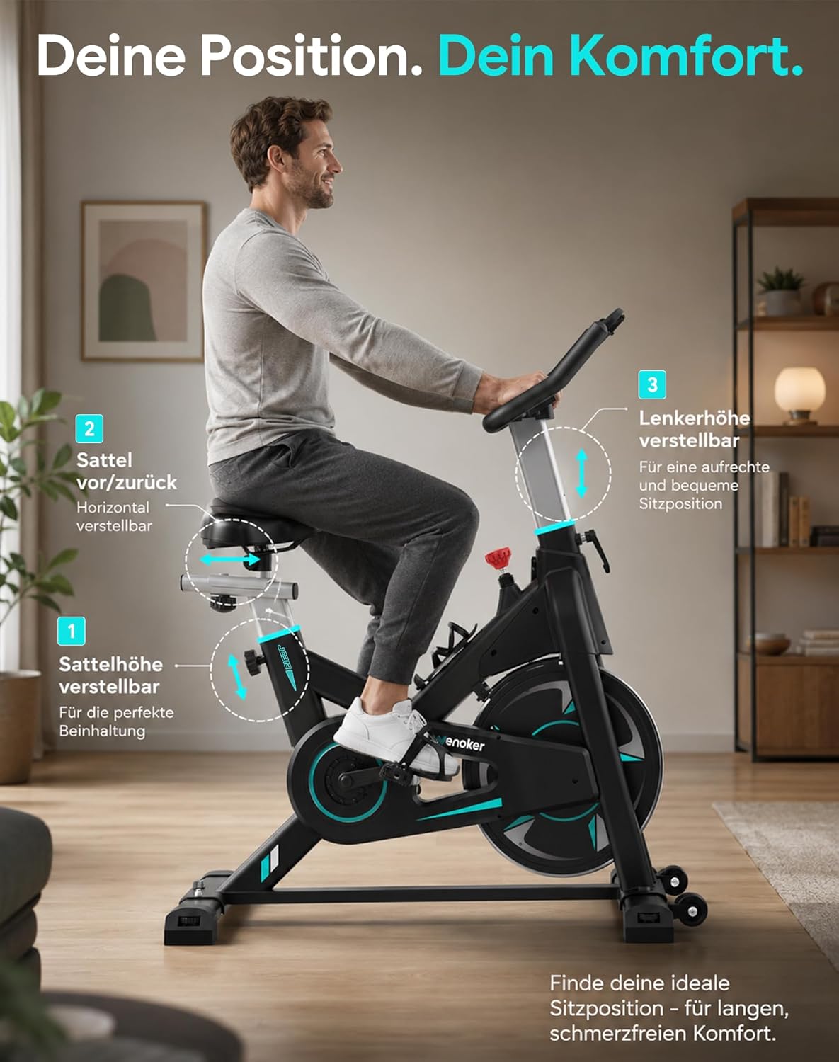 Wenoker Heimtrainer – Flüsterleises Indoor-Spinning-Bike, Ergometer mit magnetischem Widerstand, schweres Schwungrad, LCD-Monitor, stationäres Fahrrad, maximale Belastung 160 kg – Bild 7