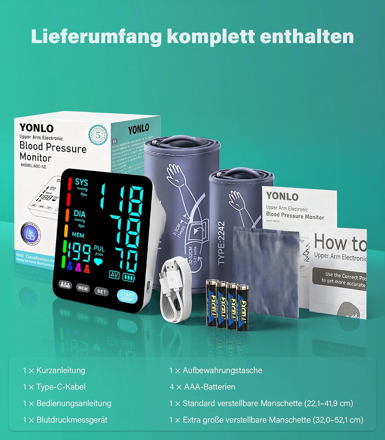 Blutdruckmessgerät, automatisches Oberarm-Blutdruckmessgerät für den Heimgebrauch, 2 Blutdruckmessgerät-Manschetten (9–17 Zoll und 13–21 Zoll) mit großer LED-Hintergrundbeleuchtung, 3 x 199 – Bild 7