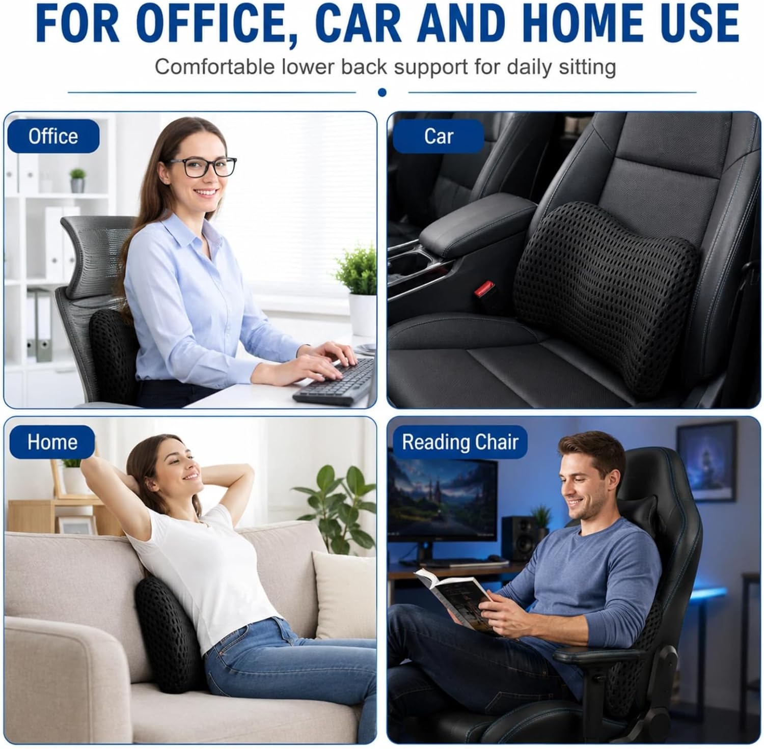 Ergonomisches Memory-Schaum-Lendenkissen, atmungsaktive Rückenstütze mit verstellbarem Riemen, abnehmbarer, waschbarer Bezug für Bürostuhl, Auto und Zuhause – Bild 6