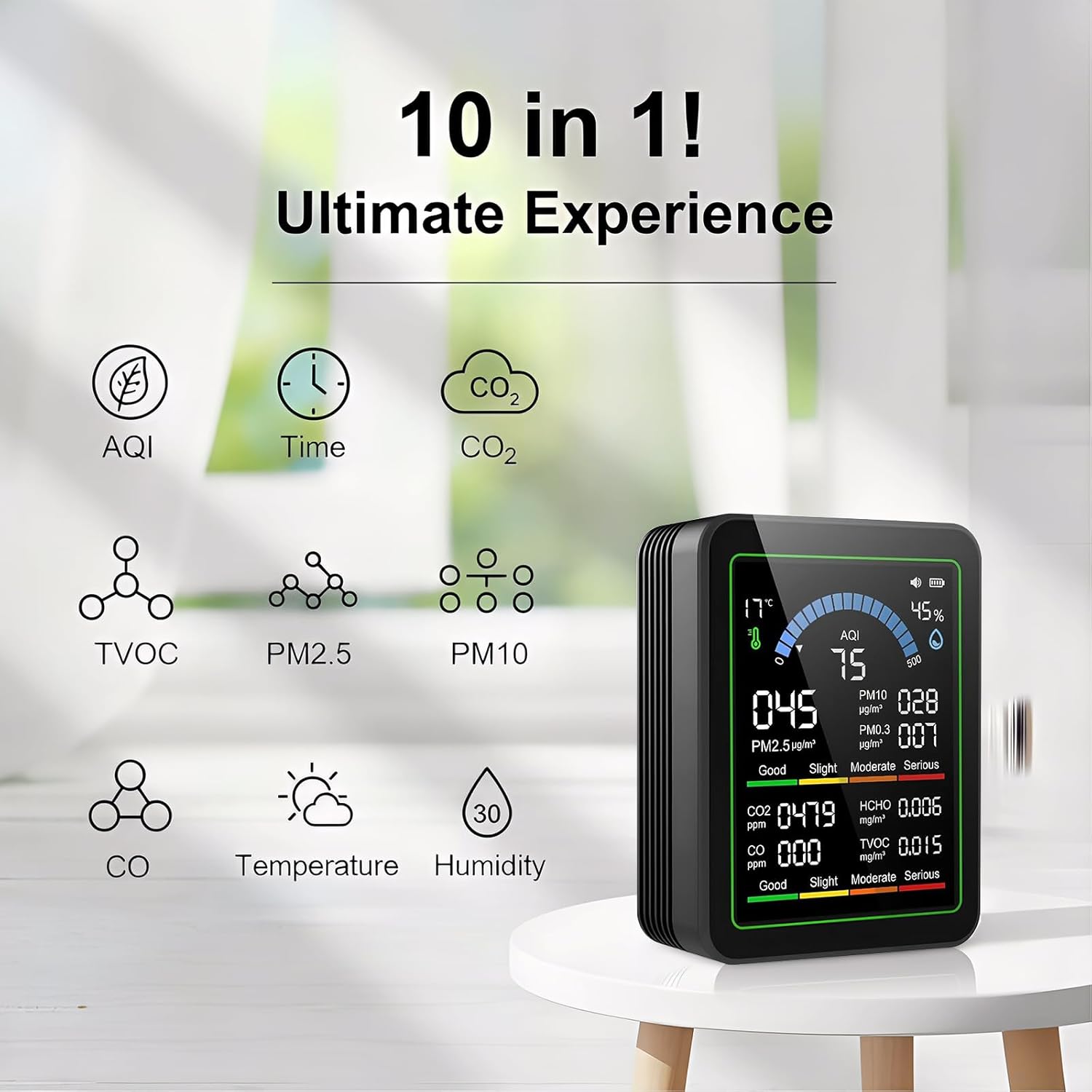 10-in-1-Luftqualitätsmonitor mit Farbdisplay und 4-Farben-Alarm, Messung von CO₂, PM1,0/PM2,5/PM10, HCHO, Temperatur und Luftfeuchtigkeit. Luftüberwachungsgerät mit Typ C für Zuhause, Büro (Schwarz) – Bild 4