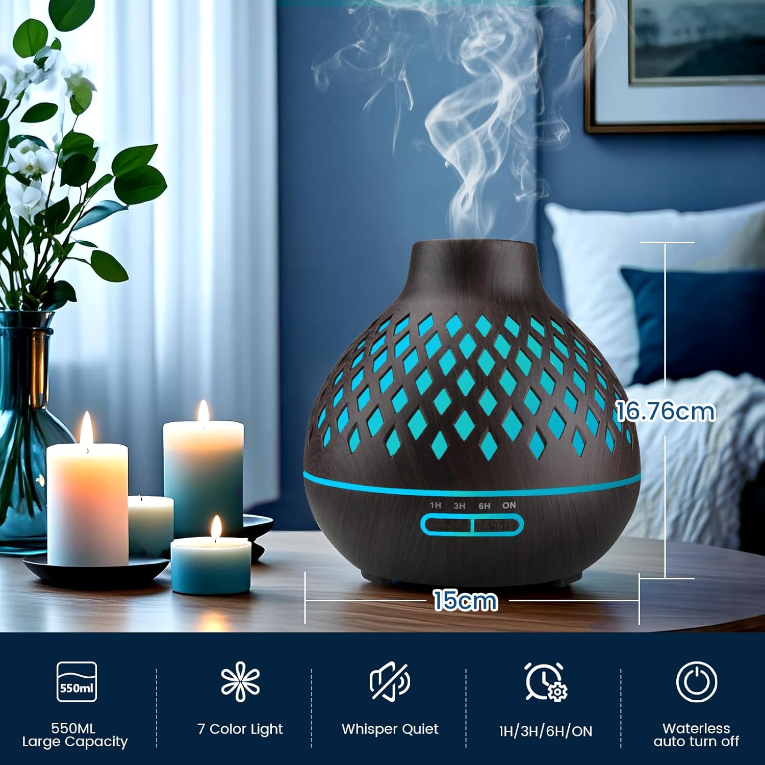 Aeshory 550 ml Aromadiffusor mit 12 x 5 ml ätherischen Ölen, Ultraschall-Aromatherapie-Diffusor mit Fernbedienung, 7 farbige LED-Lichter, 4 Timer, automatisch wasserlos, Schwarz – Bild 2