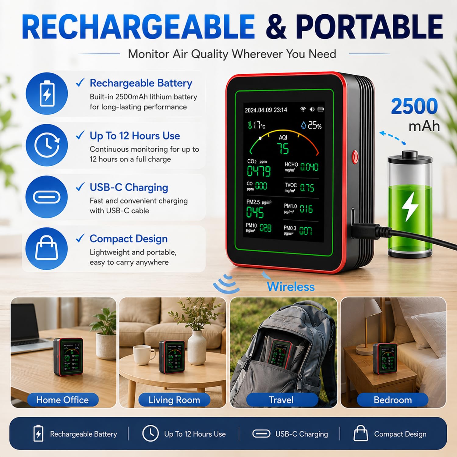 15-in-1-WLAN-Raumluftqualitätsmonitor mit App, CO₂-, TVOC-, HCHO-, PM2,5- und PM10-Monitor, Temperatur- und Luftfeuchtigkeitsanzeige, Farbdisplay, Luftqualitätsalarm für Zuhause und Büro – Bild 6