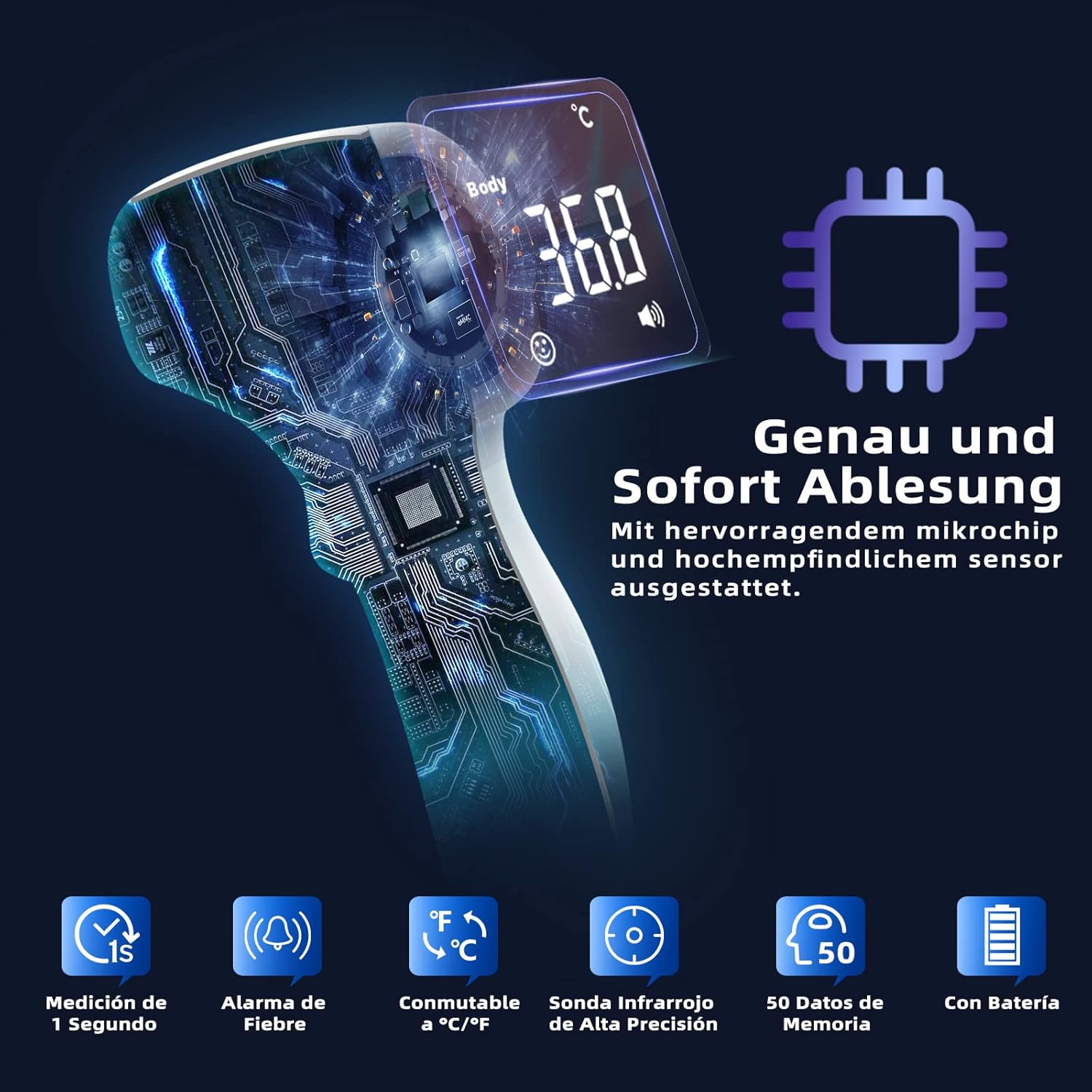 Fieberthermometer, kontaktloses Infrarot-Stirnthermometer für Babys, Erwachsene, Kinder, digitales Fieberthermometer mit genauen Messwerten, Fieberalarm, LCD-Display, 50 Speicherfunktionen – Bild 6