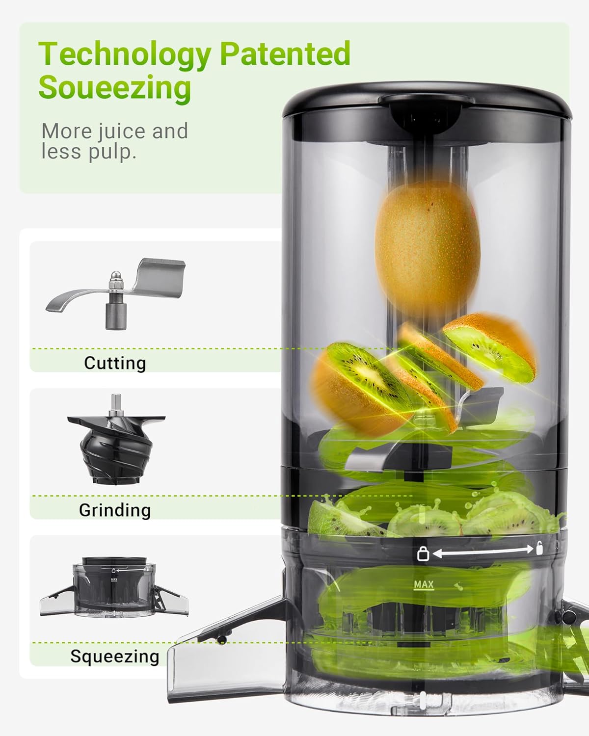 TUUMIIST Slow Juicer mit extra großem Einfüllschacht, Entsafter Gemüse und Obst, Testsieger, anwendbares ganzes Obst und Gemüse, Entsafter BPA-frei, Schwarz glänzend, 120 mm – Bild 6