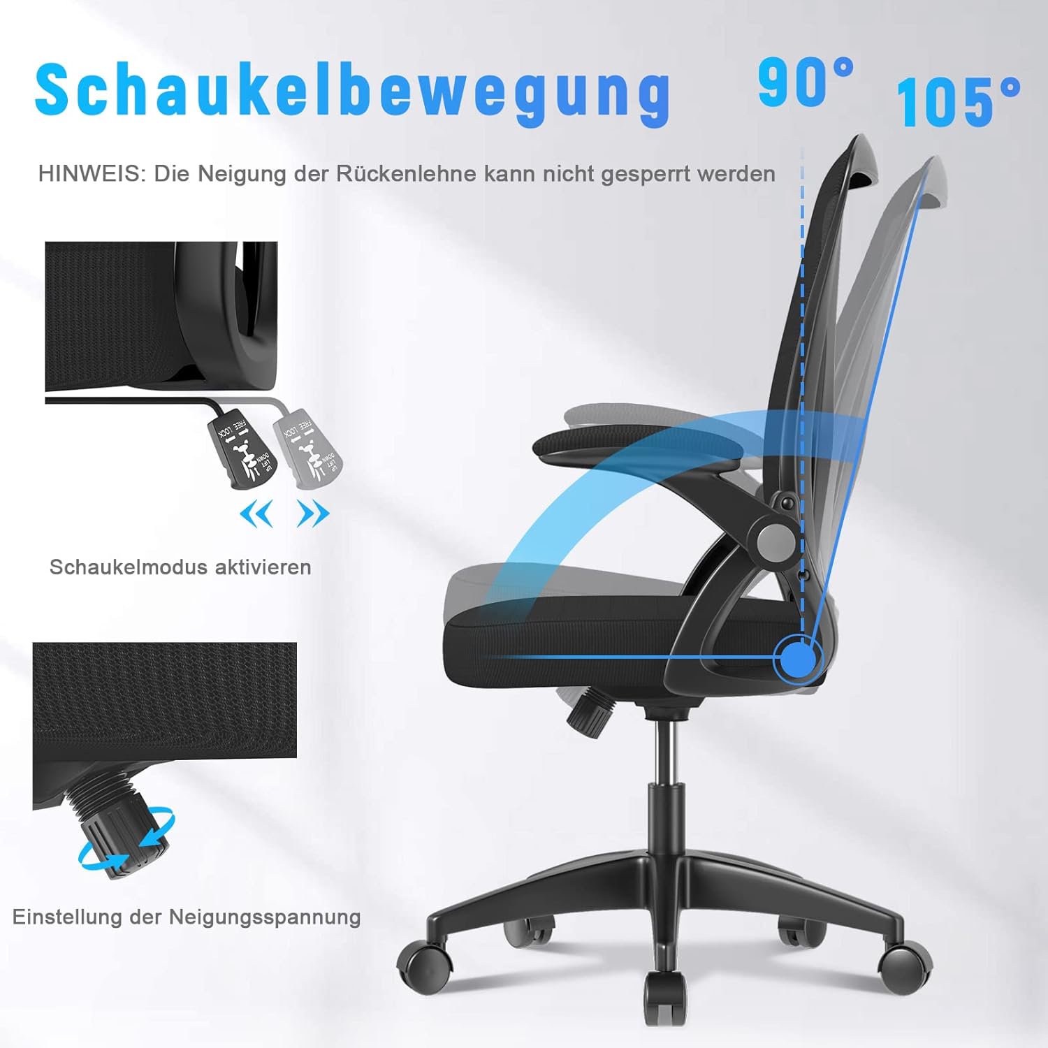 naspaluro Bürostuhl mit verstellbaren Armlehnen, ergonomischer Schreibtischstuhl mit Netzbezug, Lordosenstütze, höhenverstellbar, gepolstertes Sitzkissen, 360°-Drehstuhl, schwarz – Bild 4