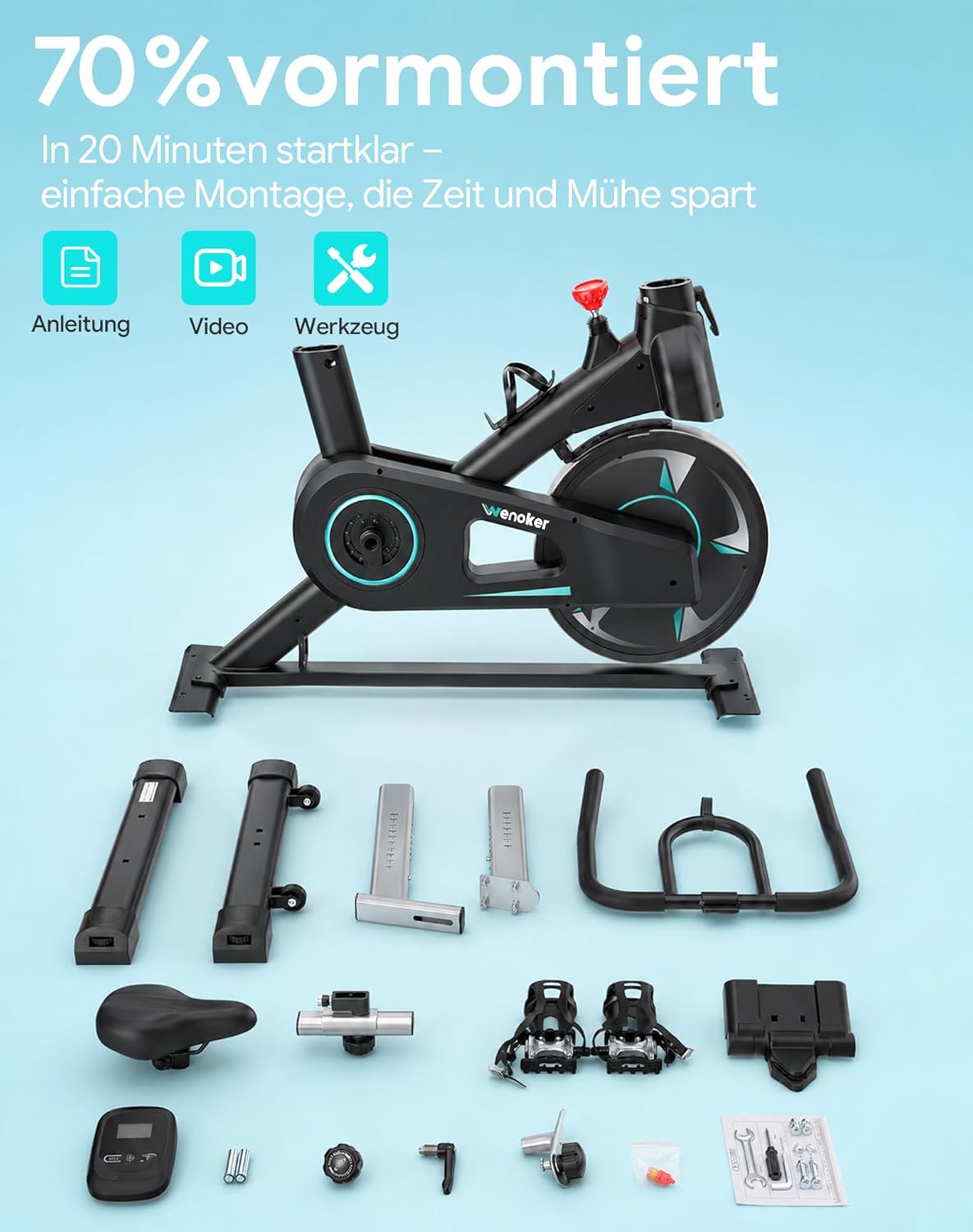 Wenoker Heimtrainer – Flüsterleises Indoor-Spinning-Bike, Ergometer mit magnetischem Widerstand, schweres Schwungrad, LCD-Monitor, stationäres Fahrrad, maximale Belastung 160 kg – Bild 5