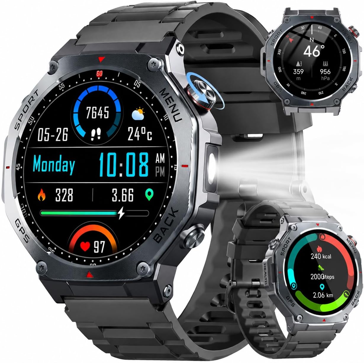Runde Smartwatch für Herren mit integriertem GPS, 1,43 Zoll AMOLED Always-On-Display mit Bluetooth-Anrufen, 5ATM wasserdicht, 24/7 Herzfrequenz, Schlafüberwachung, Schrittzähler, Sportuhr Outdoor Android für iOS