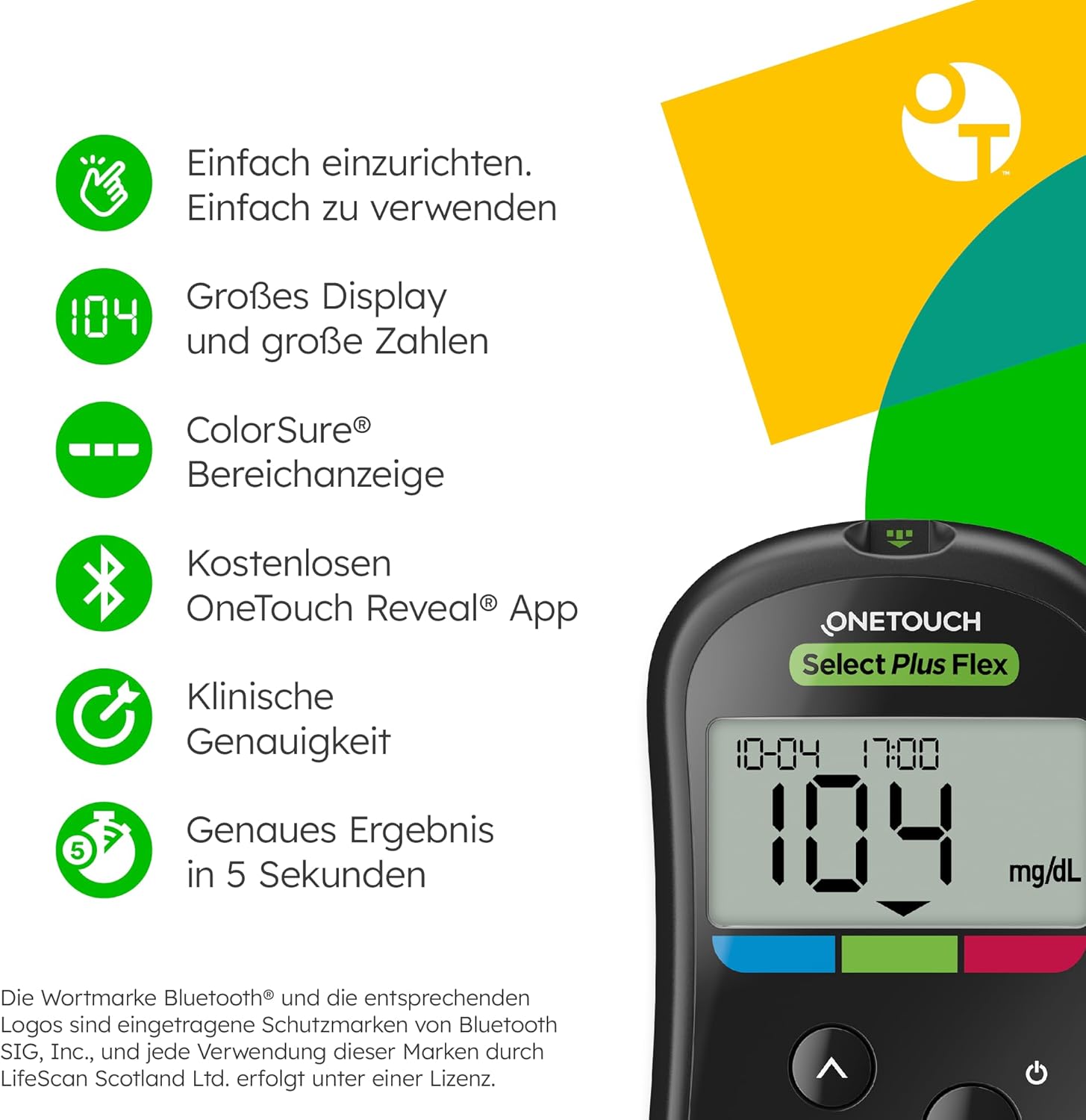OneTouch Select Plus Flex Blutzuckermessgerät für Diabetes (Zuckerkrankheit) I 1 Blutzuckermessgerät (mg/dL) + 40 Teststreifen + 1 Stechhilfe + 40 Lanzetten im Koffer (inkl. Batterie) – Bild 2
