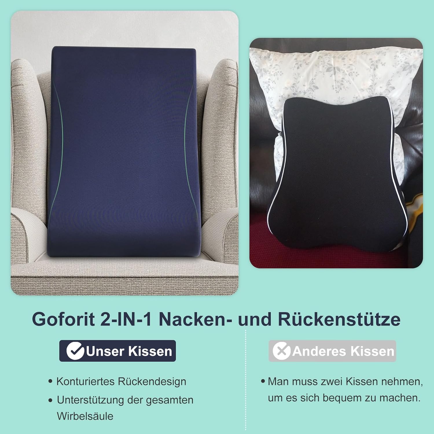 GOFORIT Ergonomisches Rückenkissen für Liege- und Schaukelstuhl – 68 cm, extra hoch, weiches 2-in-1-Nacken- und Lendenkissen, rutschfester, waschbarer Bezug, für Sofa und Bürostuhl – Bild 6