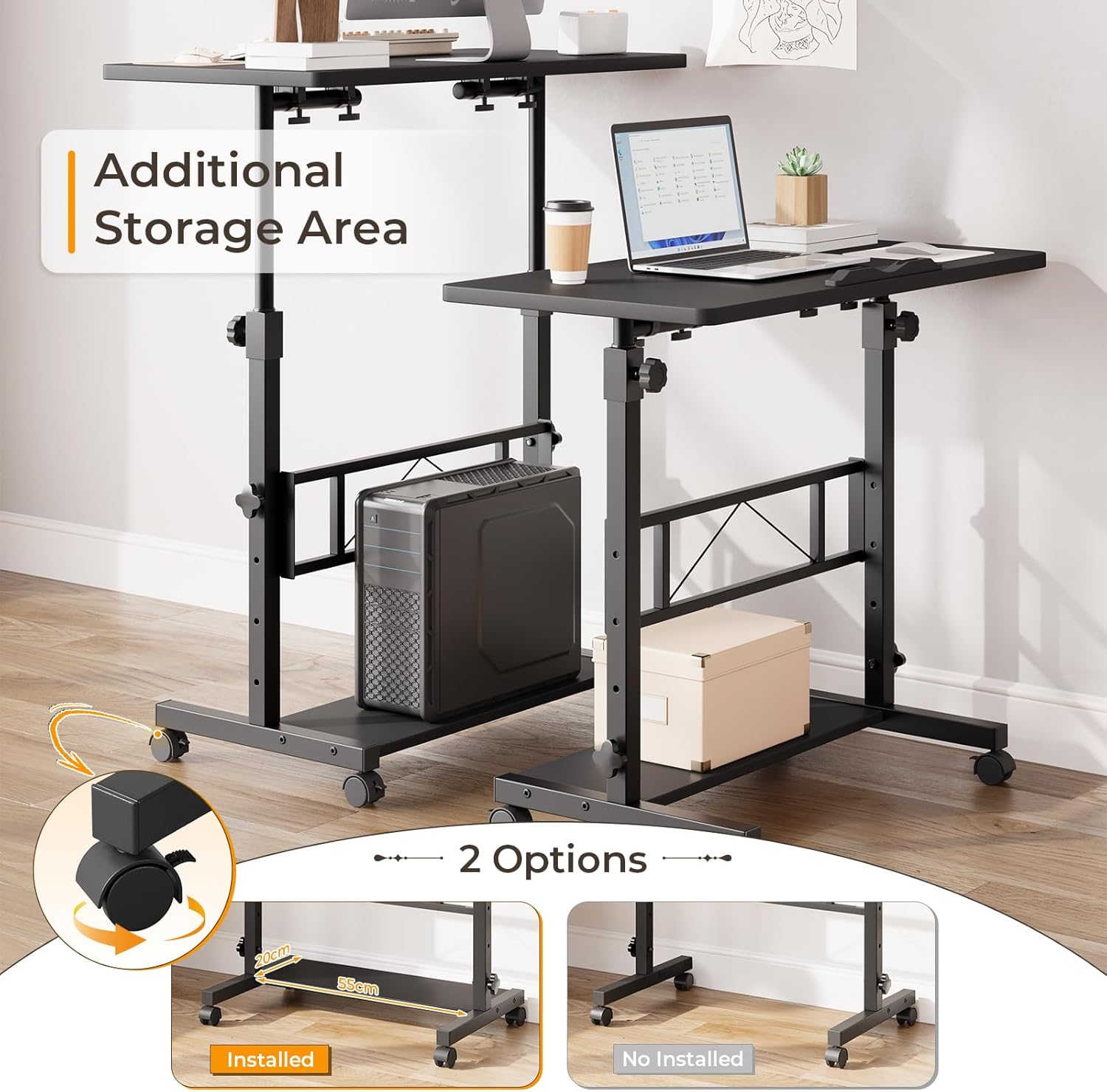 Dripex 80 x 40 cm Stehschreibtisch, höhenverstellbar 65–98 cm, mobiler Computertisch mit Rollen und neigbarer Tischplatte, Überbetttisch, Stehsitztisch für Zuhause und Büro, Schwarz – Bild 8