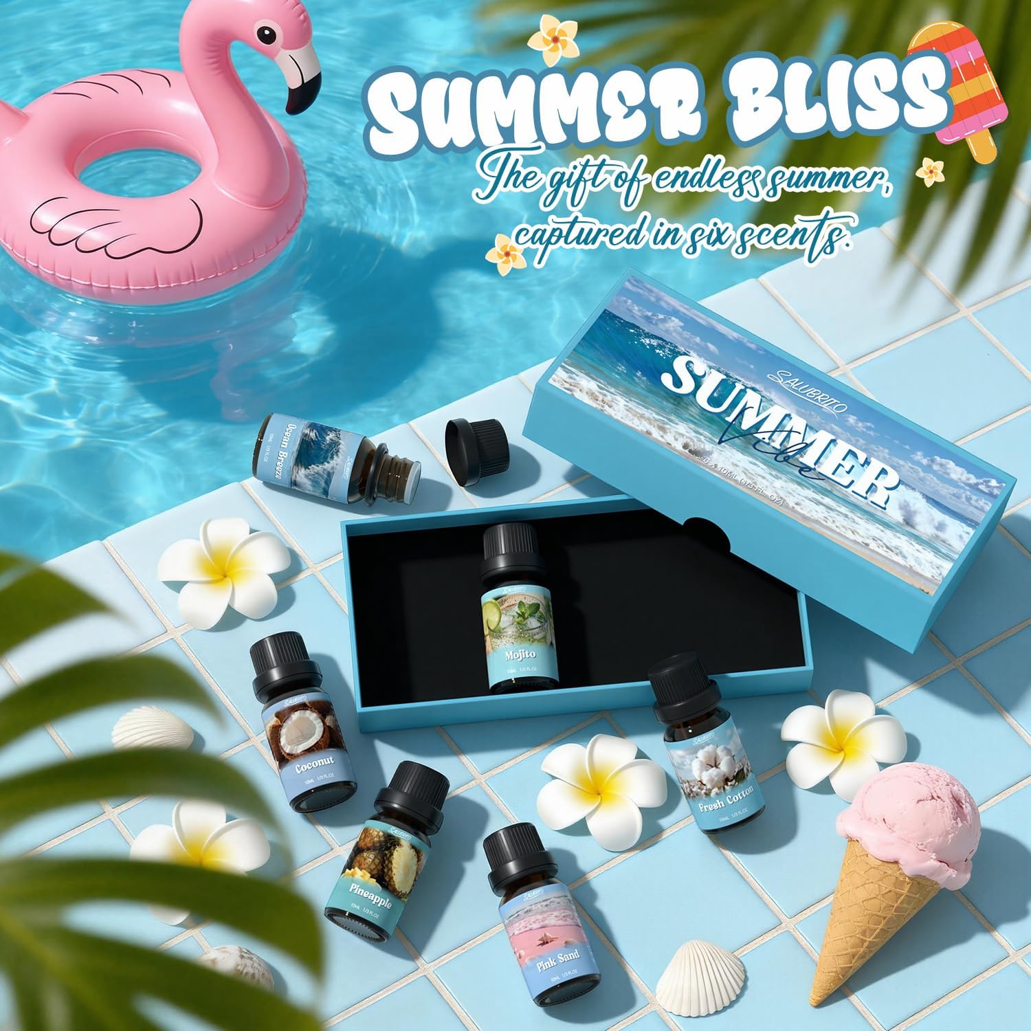 SALUBRITO Set mit ätherischen Sommerölen, Aromatherapie-Duftöl für Diffusor, Kerzenherstellung, Meeresbrise, rosa Insel, tropischer Mojito, frische Baumwolle, Ananas, Kokosnuss, Geschenkset für Frauen – Bild 2