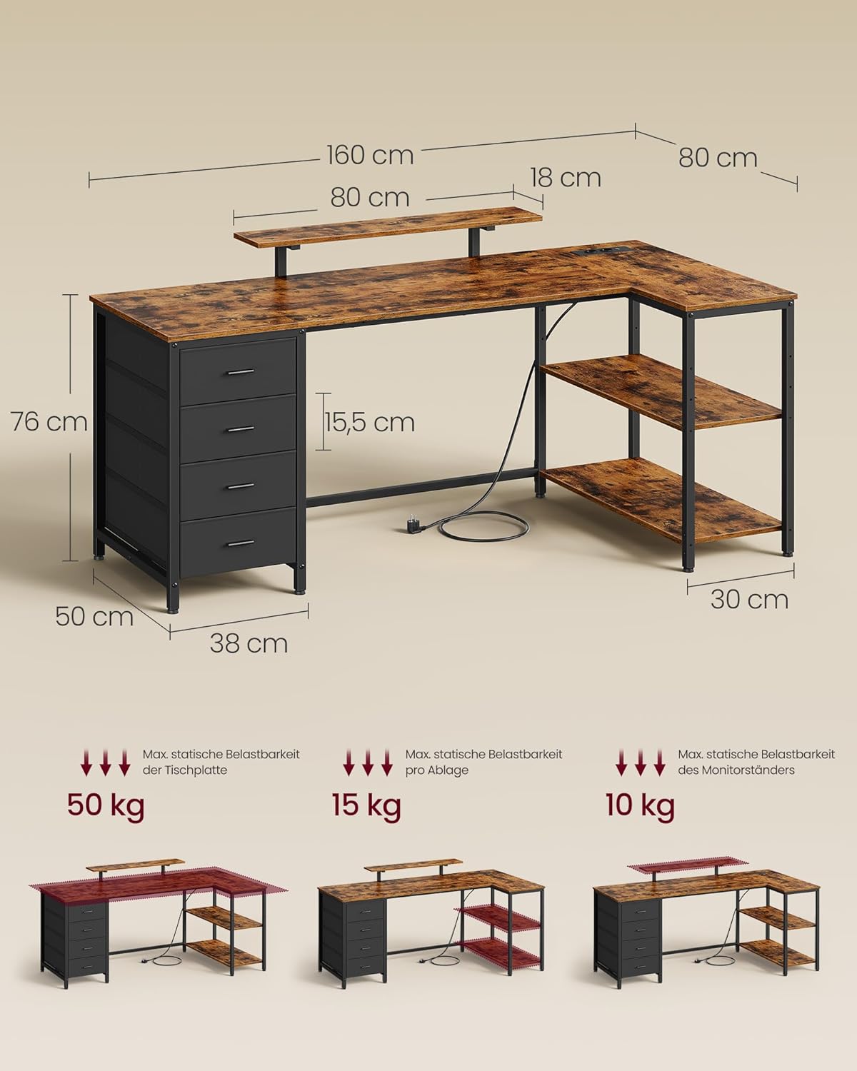 VASAGLE LWD173KD01 L-förmiger Eckschreibtisch mit Steckdosen, Computertisch, Gaming-Tisch, reversibel montierbare, verstellbare Regale, 4 Schubladen, 2 USB-Anschlüsse, 160 x 80 cm, Vintage-Braun – Bild 2