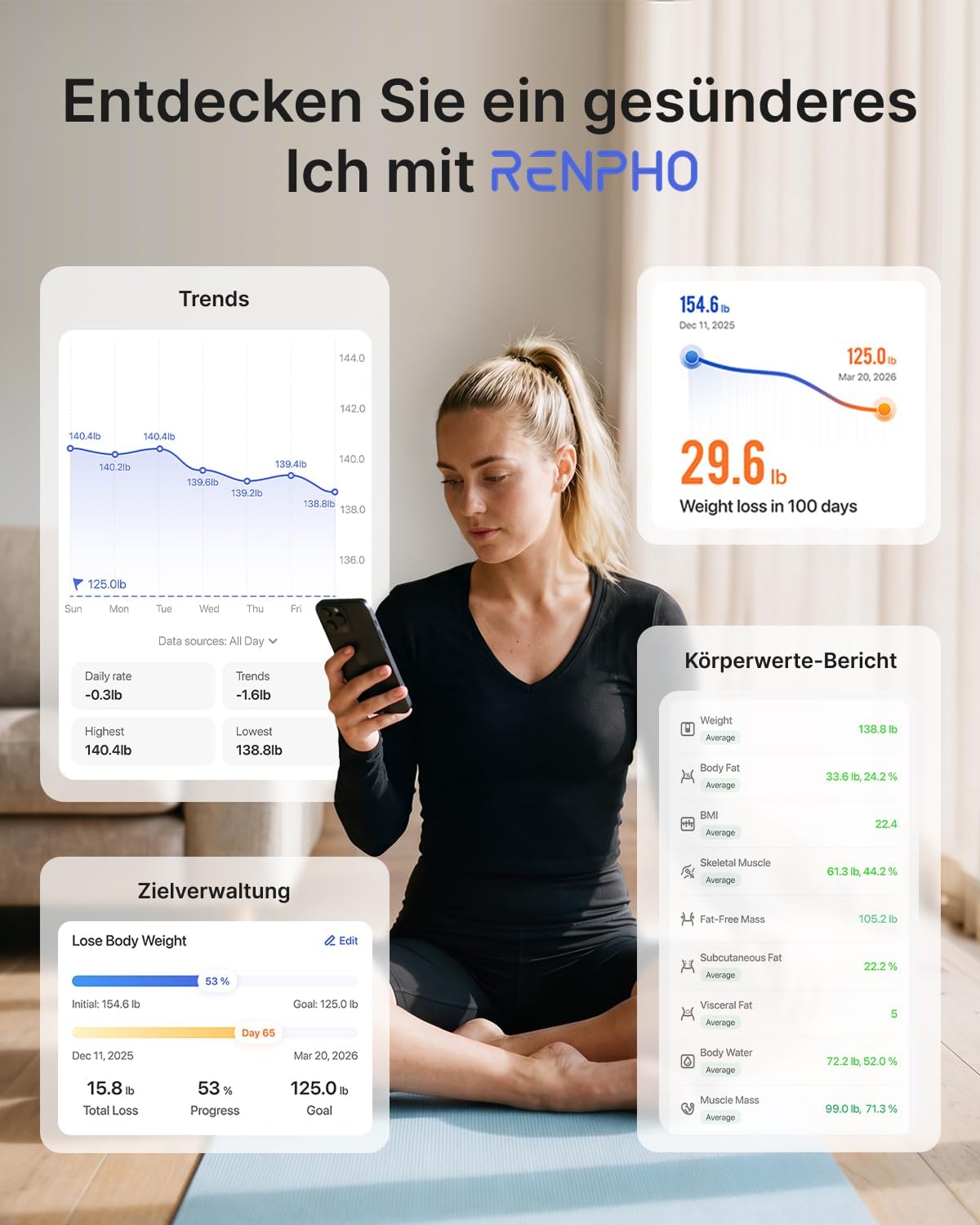 Renpho Körperfettwaage, digitale Personenwaage, Bluetooth-Körperanalysewaage mit App, smarte Waage für Körperfett, BMI, Muskelmasse, Protein, BMR – Bild 5