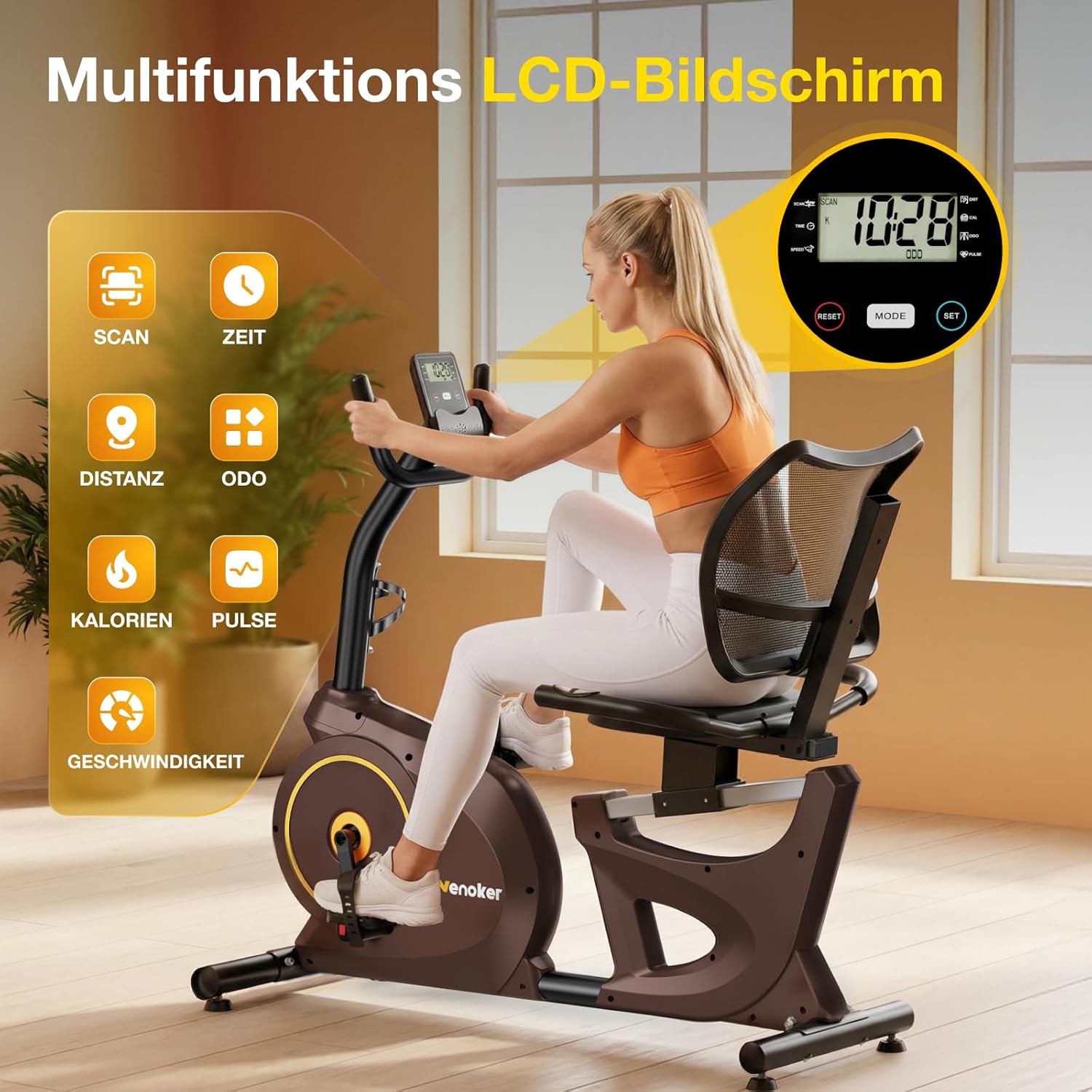 Ergometer-Liege-Heimtrainer mit Magnetbremse, Pulssensoren und LCD-Display, 15 Widerstandsstufen, Sitz-Ergometer mit Rückenlehne für Senioren, robuste Bauweise mit mehreren Einstellungen – Bild 3