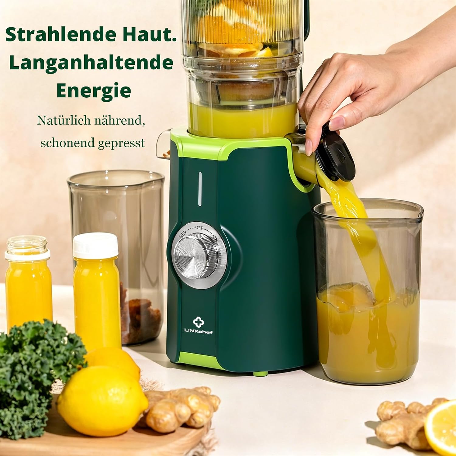 LINKChef Slow Juicer Elektrischer Entsafter | 200 W Kaltentsafter für ganze Früchte und Gemüse | 115 mm große Öffnung | BPA-freier Entsafter mit Blitzreinigung und einfacher Montage | Enthält Saftrezepte | Grün – Bild 4