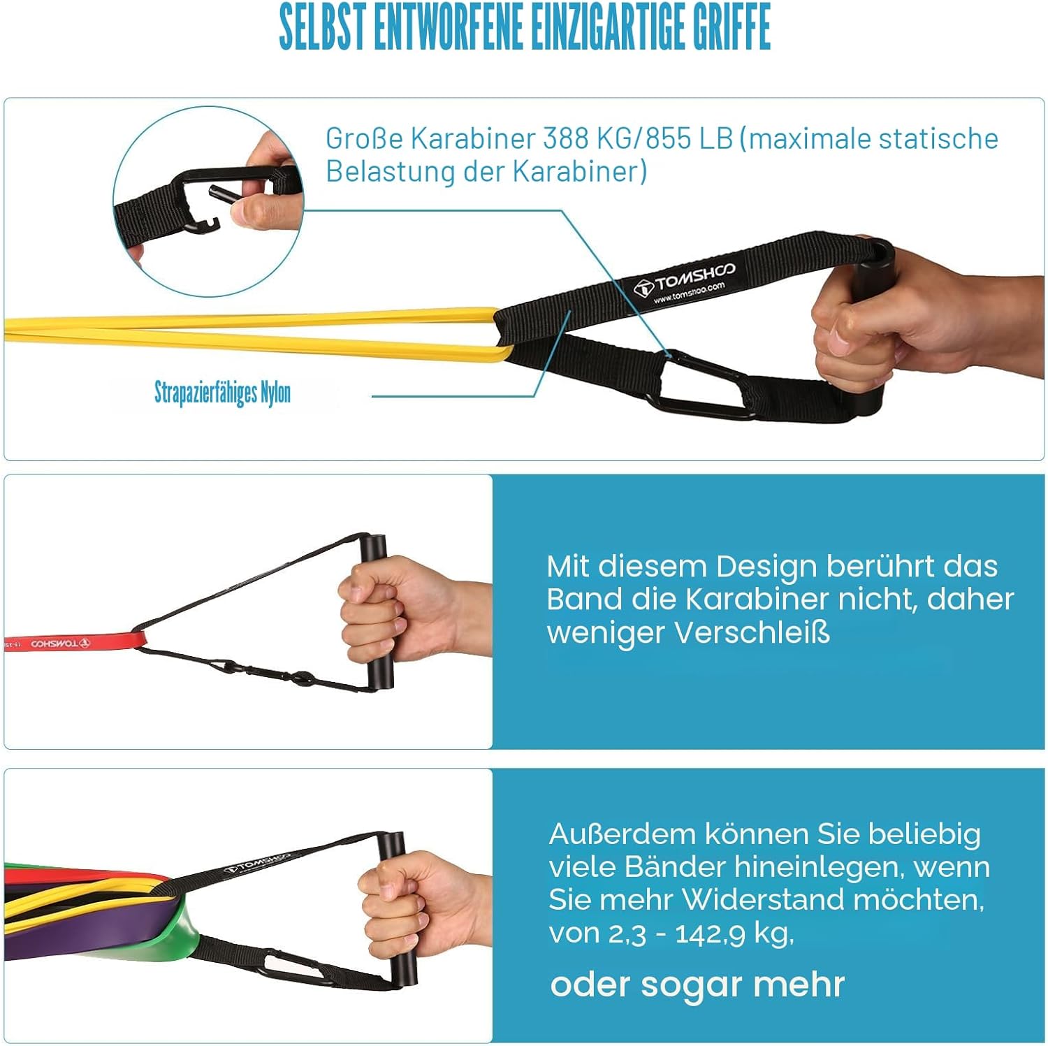 TOMSHOO Widerstandsbänder-Set, 4/5-teilig, Widerstandsbänder mit Aufbewahrungstasche, Griff, Türanker, mehrere Widerstandsstufen, Fitnessbänder, Trainingsbänder für Krafttraining, Klimmzüge, mehr – Bild 6