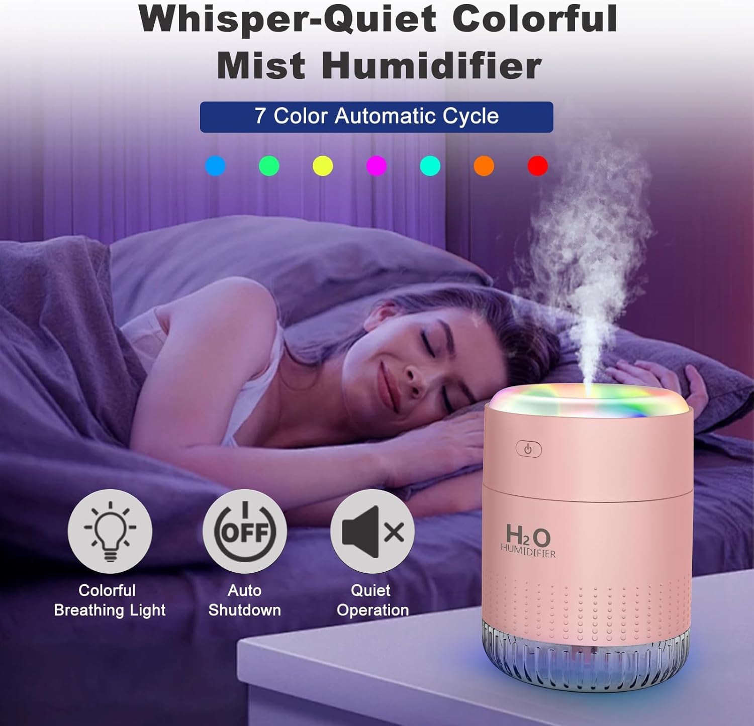 Karfun Schlafzimmer-Luftbefeuchter, Füllung von oben, 2 Sprühmodi (Rosa) | Leiser Desktop-Luftbefeuchter mit 7-Farben-Licht, automatische Abschaltung, Büro, Schlafzimmer, Auto, 350 ml – Bild 2