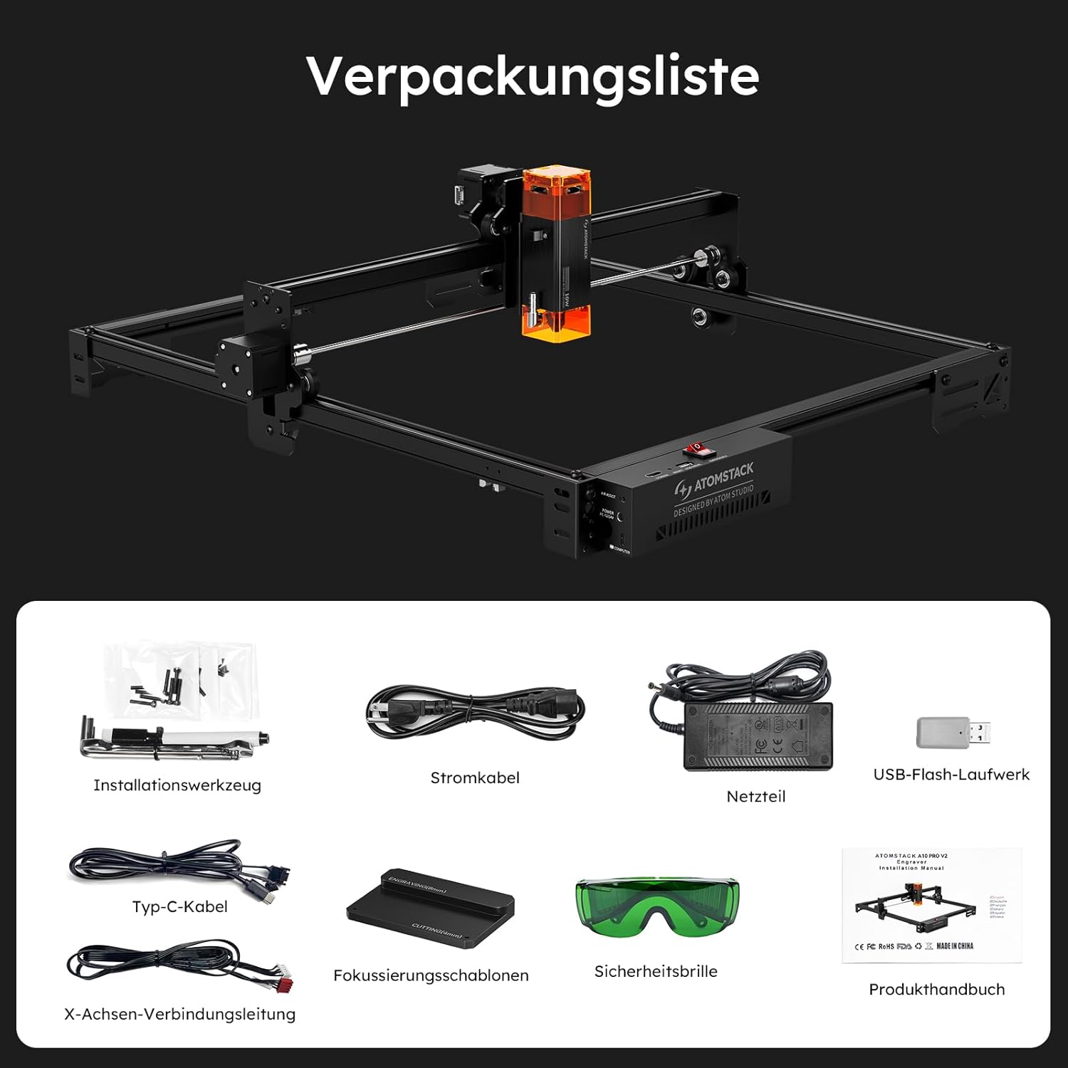 ATOMSTACK SWIFT A10 PRO V2 10 W Lasergravurmaschine, Gravurbereich: 410 x 380 mm, Laserschneider, hochpräziser Laserschneider für personalisierte Geschenke, Holz, Acryl, Leder (SWIFT A10 PRO V2 10 W, Schwarz) – Bild 8