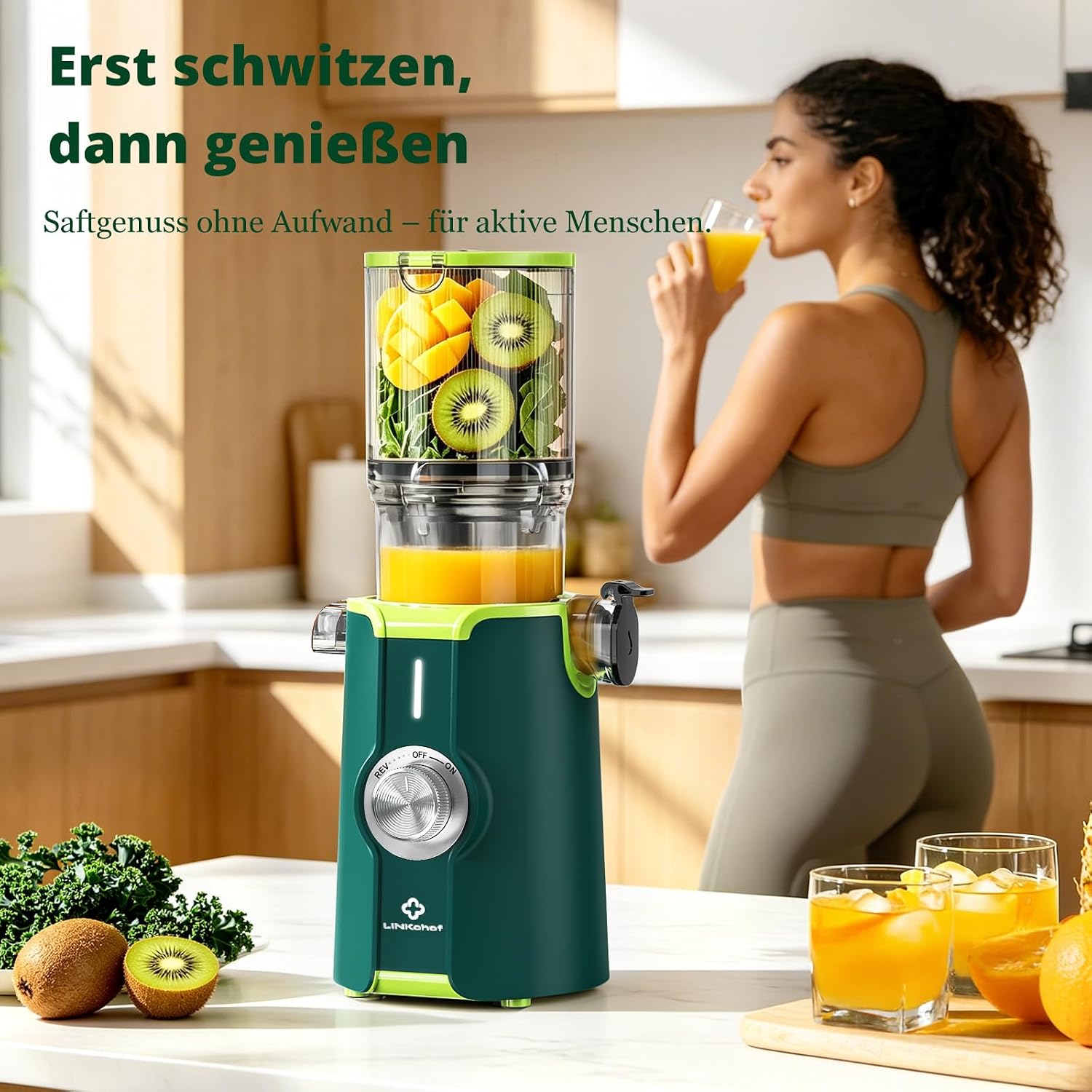 LINKChef Slow Juicer Elektrischer Entsafter | 200 W Kaltentsafter für ganze Früchte und Gemüse | 115 mm große Öffnung | BPA-freier Entsafter mit Blitzreinigung und einfacher Montage | Enthält Saftrezepte | Grün – Bild 12